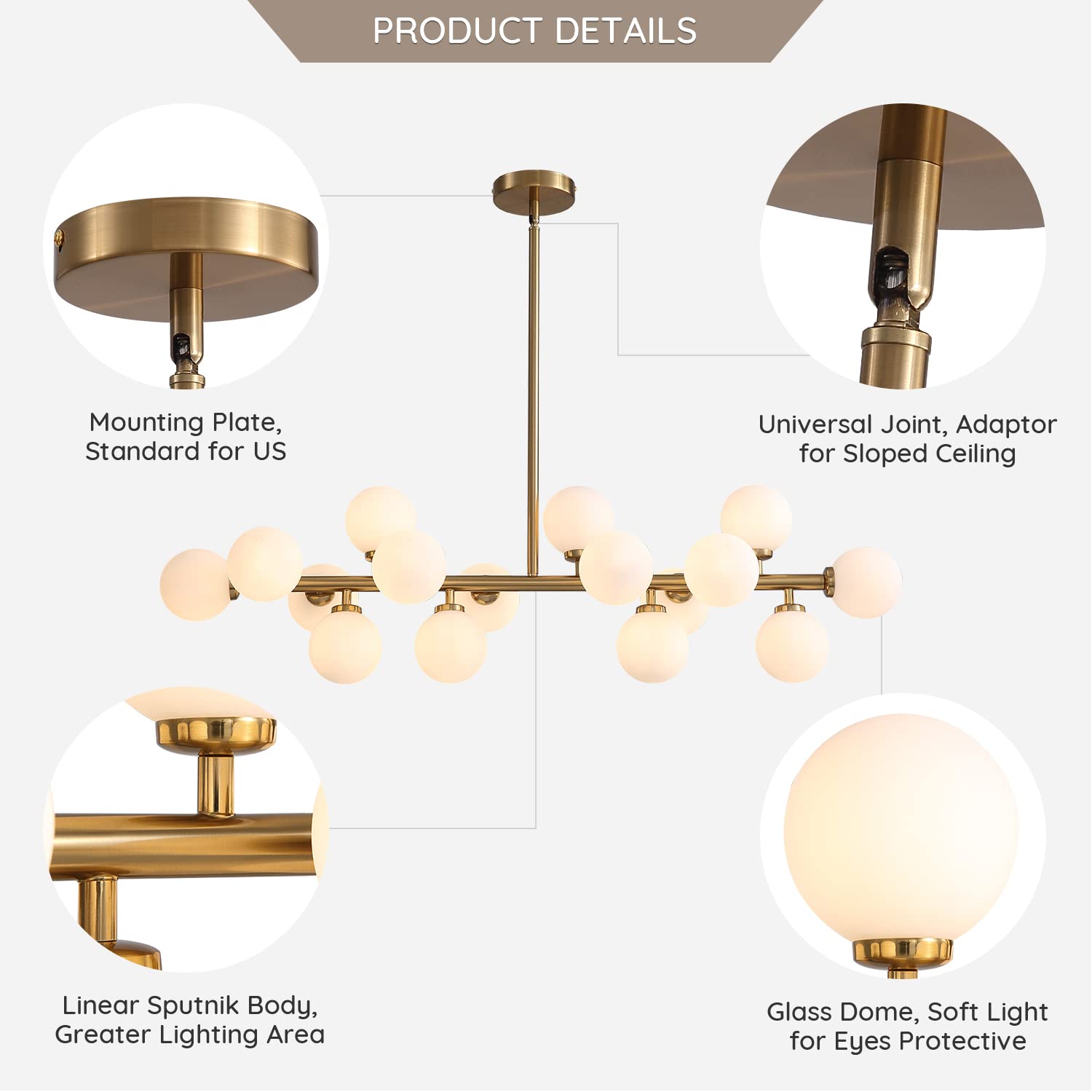 7PMBEANE 16-Light Globe Sputnik Chandelier, Brass Pendant Lighting for Dining Room & Kitchen Island, Modern Mid Century Design