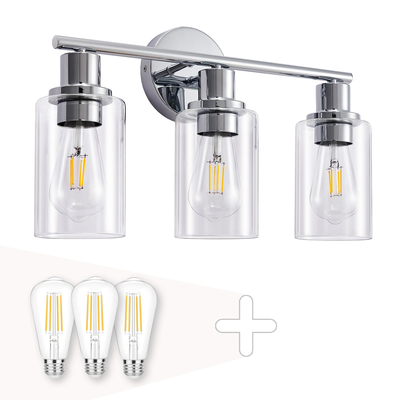 Dllt 3-Light Bathroom Light Fixtures: Chrome Modern Vanity Lights With 3 E26 Bulbs - Clear Glass Shade Bathroom Wall Lamp For Mi