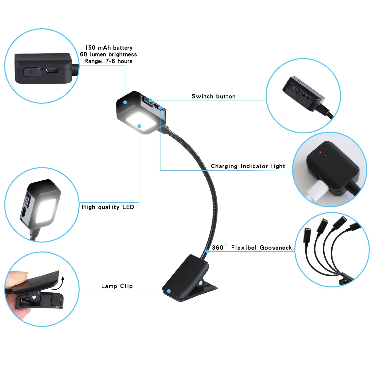 KunHe Rechargeable Book Light, Clip-on, Lightweight, 4 Pack, White, Model KH-J1