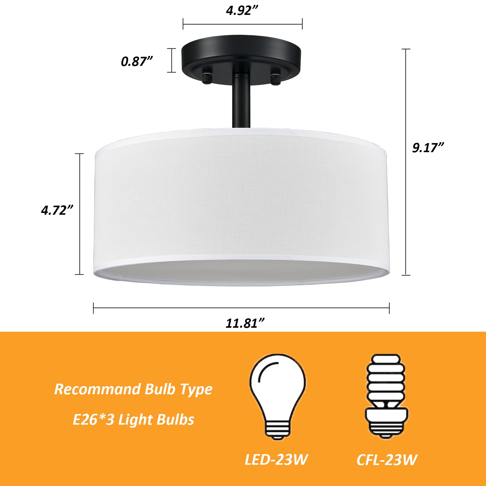 AXILAND Modern Ceiling Light Fixture, 3-Light Flush Mount, Metal, Black, Model T7214-3CU-BK