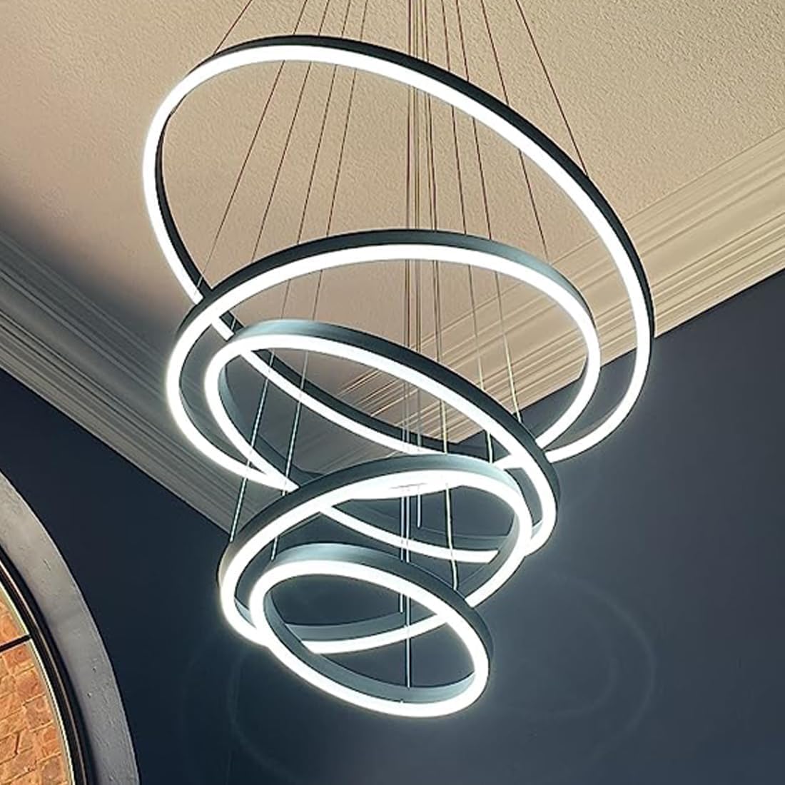 Embring Modern Chandelier,5 Ring Led Chandelier,31.50" Large Modern Chandelier Light Fixture Height Adjustable High Ceiling Chandelier,Black Modern Led Chandelier For Entryway Dimmable With Remote
