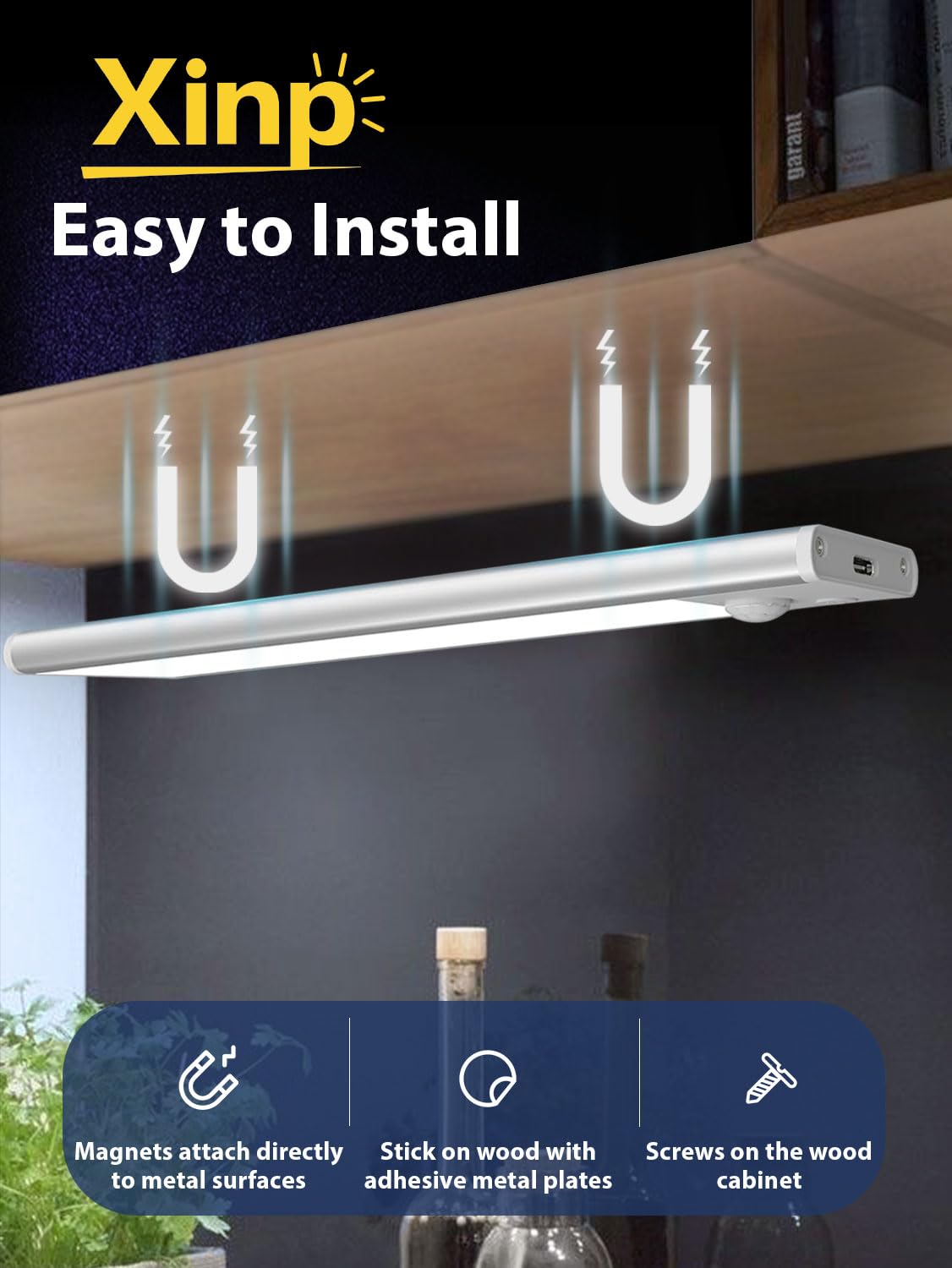 Under Cabinet Lighting, Led Motion Sensor Lights Indoor, 3 Pack Magnetic Rechargeable 3000Mah Closet Lights, Wireless Under Coun