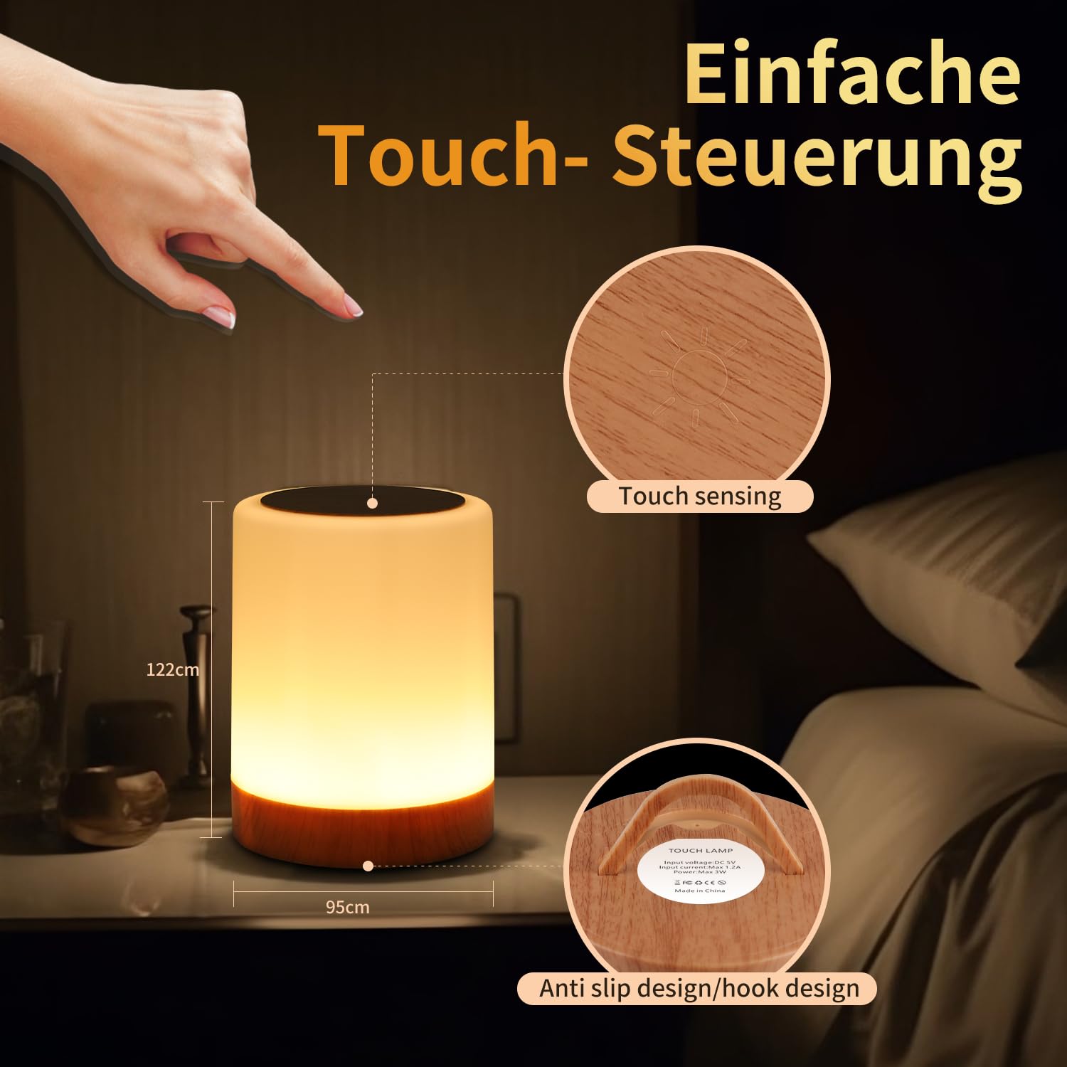 OORUN Touch Bedside Table Lamp, 13 RGB Colors, Remote Control, 3.74inD x 3.74inW x 4.8inH, Brown, Model F8
