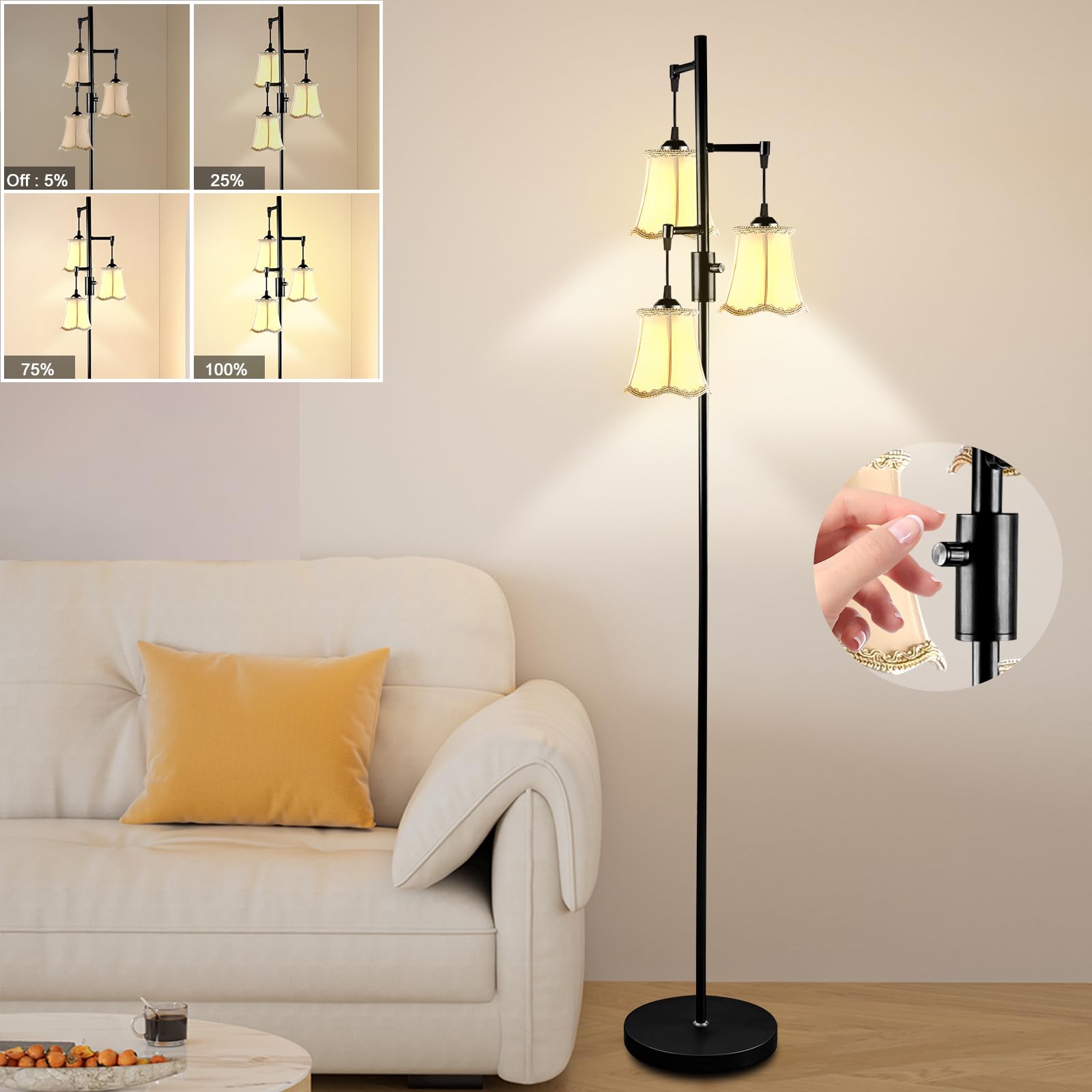 Lightdot LED Floor Lamp, Vintage Design, E26 Bulb Included, Fabric Shade, 66 Inch, 3 Floral-Black, Model LFLL-M-DC