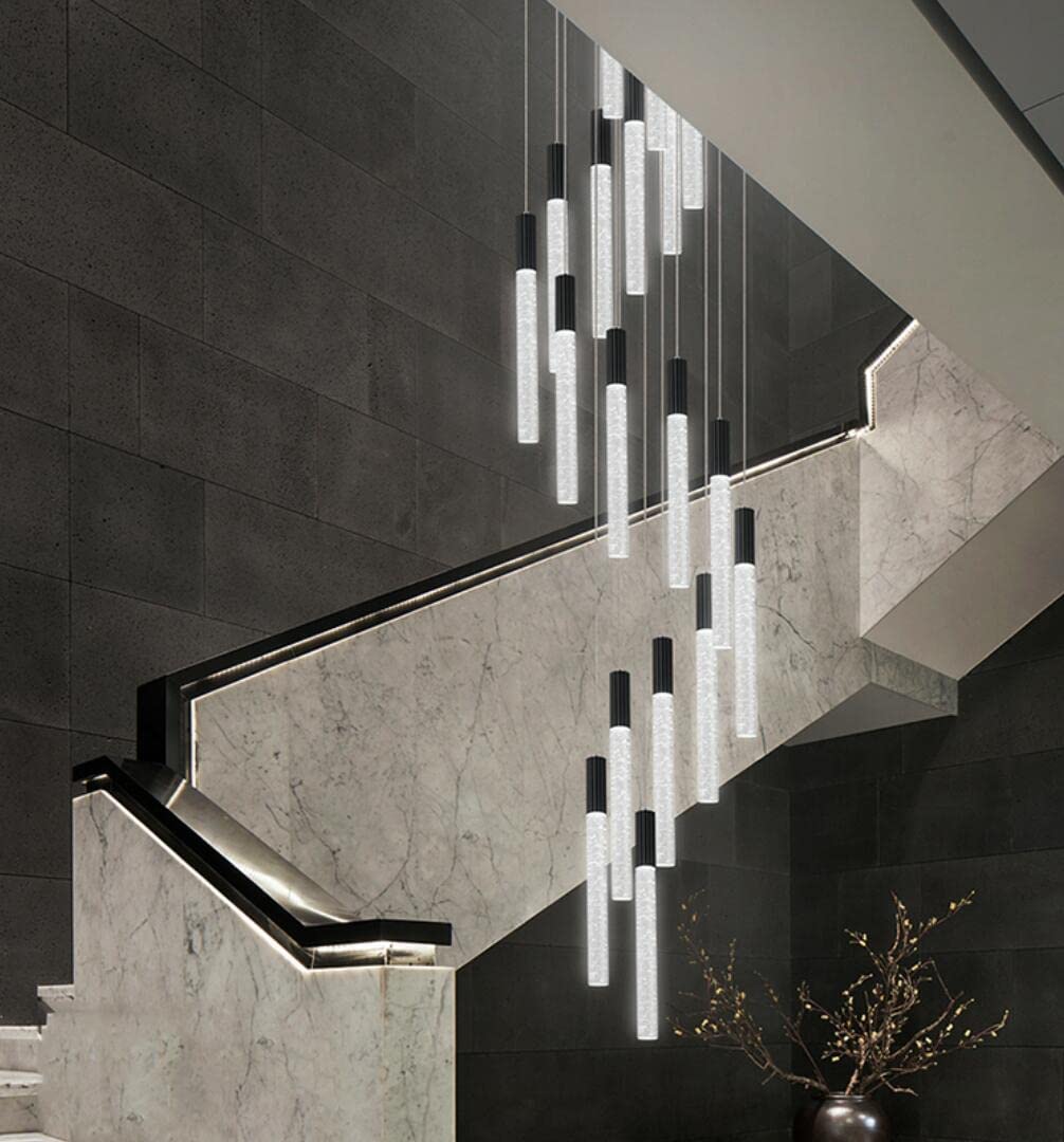 HAIXIANG 118" High Ceiling Chandelier, 12-Light Matte Black, Remote Dimmable, Stainless Steel & Crystal, Model MMQ3810