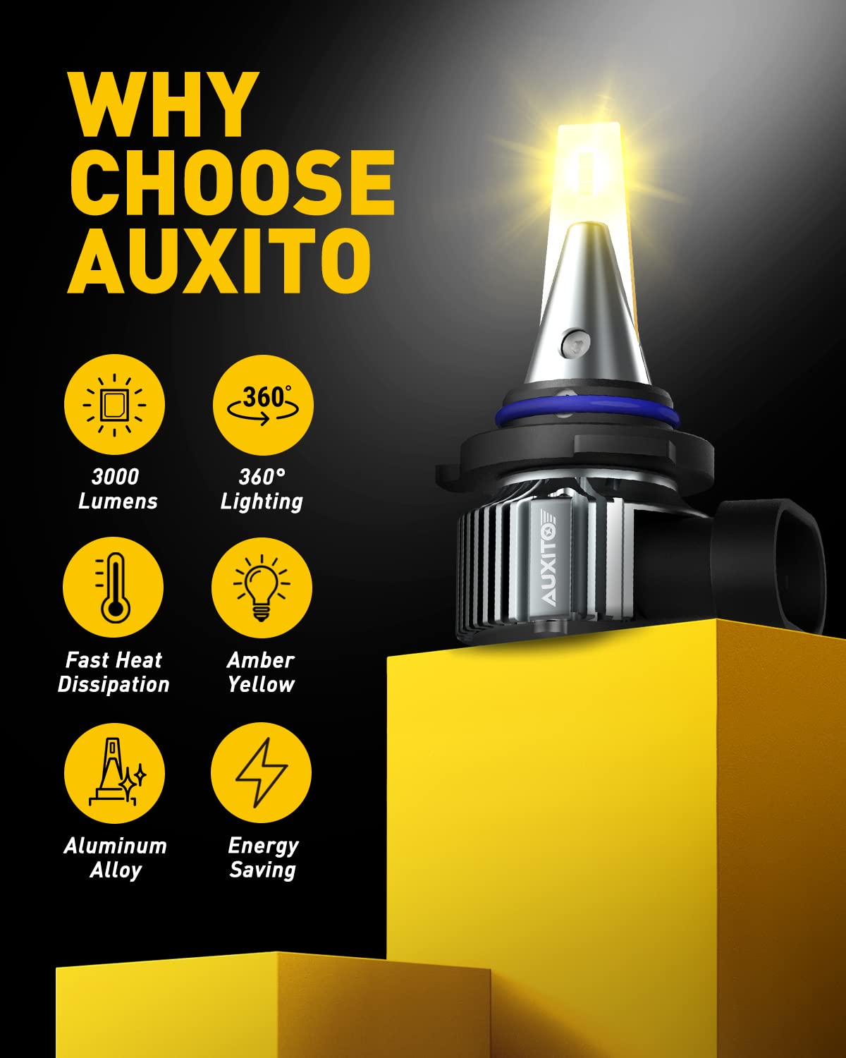 Auxito 9006 Hb4 Led Fog Light Bulbs, 3000K Amber Yellow, 6000 Lm High Brightness, 30W Play And Plug, Super Penetration With 12 C