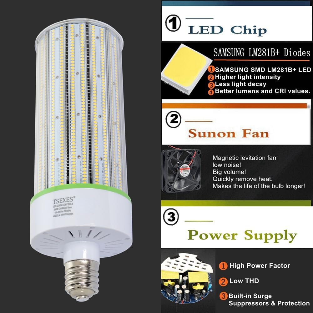 Tsexes 1000W Equivalent Led Corn Bulb, 300W E39 Mogul Base,42,000 Lumen Replacement Metal Halide/Hid/Hps,5000K Daylight For Gara