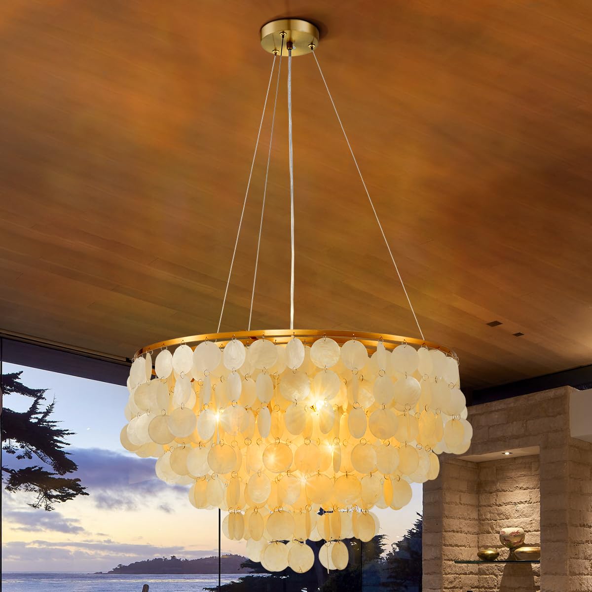 A Million 4-Light 24'' Coastal Natural Tiered Capiz Shell Chandelier Gold Round Island Light Pendant Ceiling Fixture for Living 