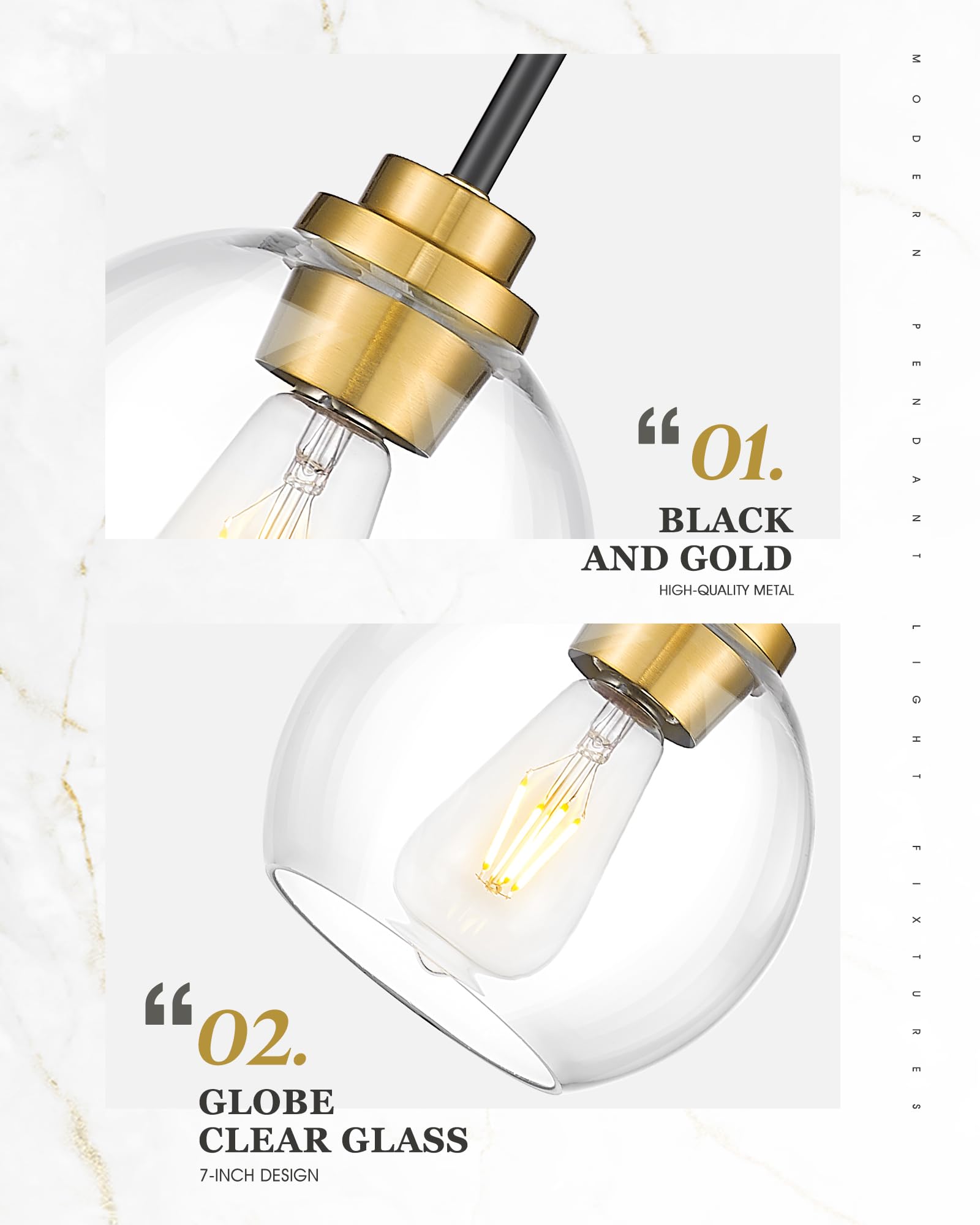 Audickic Pendant Lights Kitchen Island  7 Black And Gold Hanging Lights Fixtures With Clear Glass Globe Shade  Modern Kitchen Island Lighting For Bathroom  Ad-22280-1P-Kg