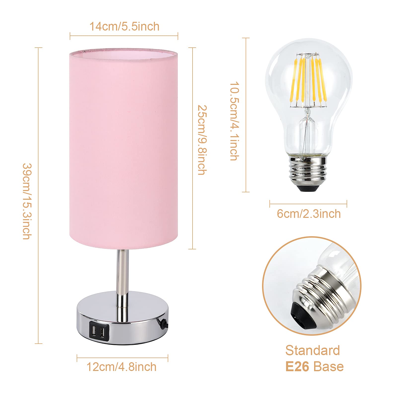 Yarra-Decor Bedside Lamp With Usb Port - Touch Control Table Lamp For Bedroom 3 Way Dimmable Nightstand Lamp With Round Pink Fabric Shade For Living Room, Dorm, Home Office (Led Bulb Included)