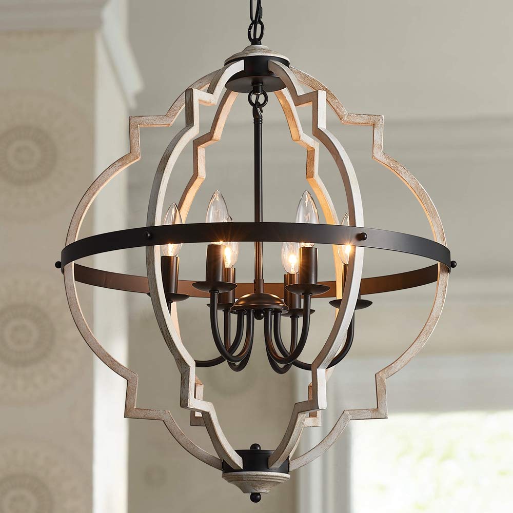 Bestier Orb 6-Light Chandelier Rustic Vintage Globe Farmhouse Chandelier in Black Metal White Distressed Wood Color Painted Fini