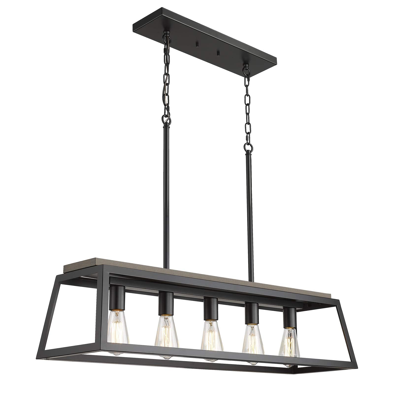 Eapudun 38-Inch 5-Light Farmhouse Kitchen Island Chandelier, Matte Black & Wood Finish