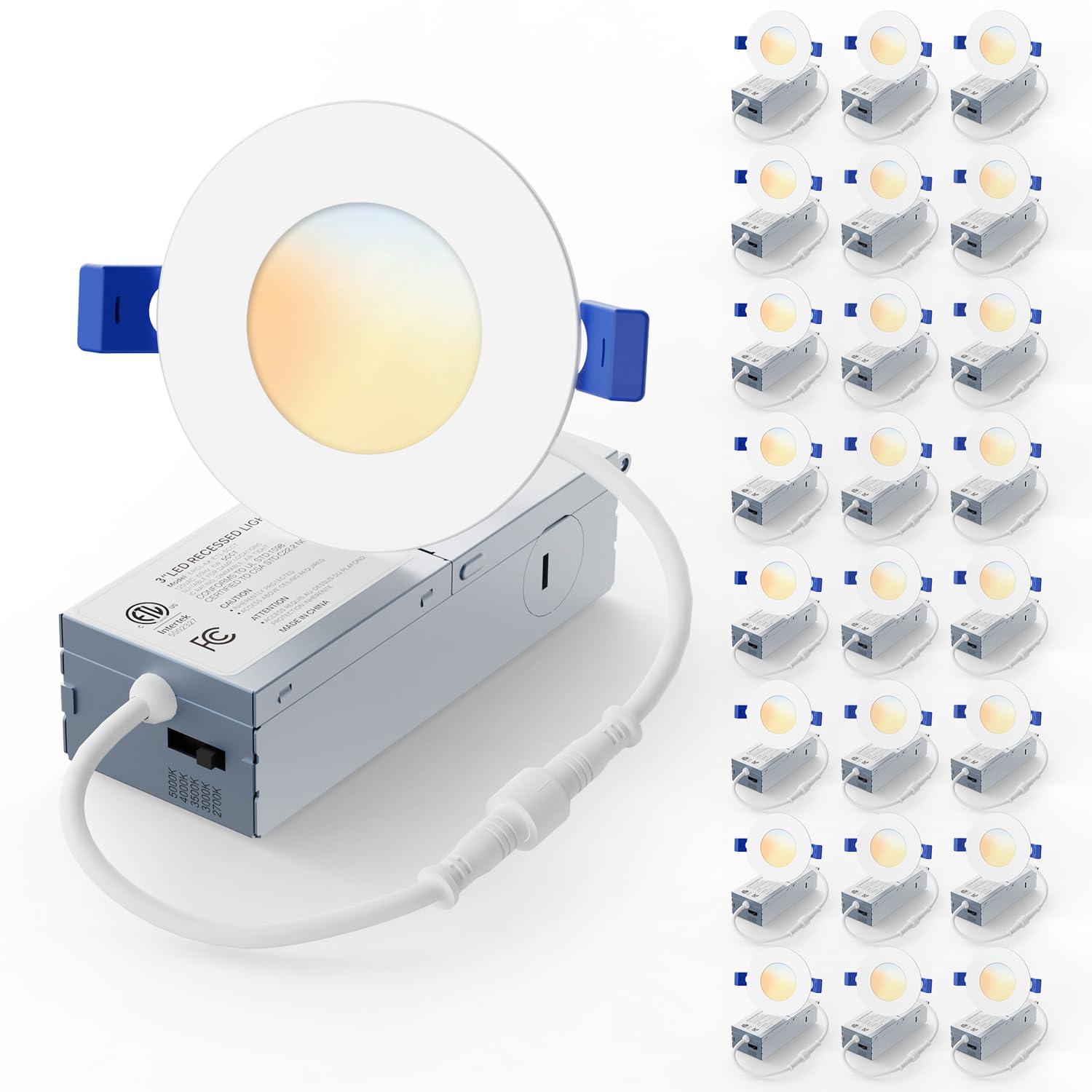 Veriligt 24 Pack 3 Inch LED Recessed Light, Dimmable, Damp Rated, 5CCT Selectable, 6W 500LM, 120V, Silm Canless Wafer Ceiling Li