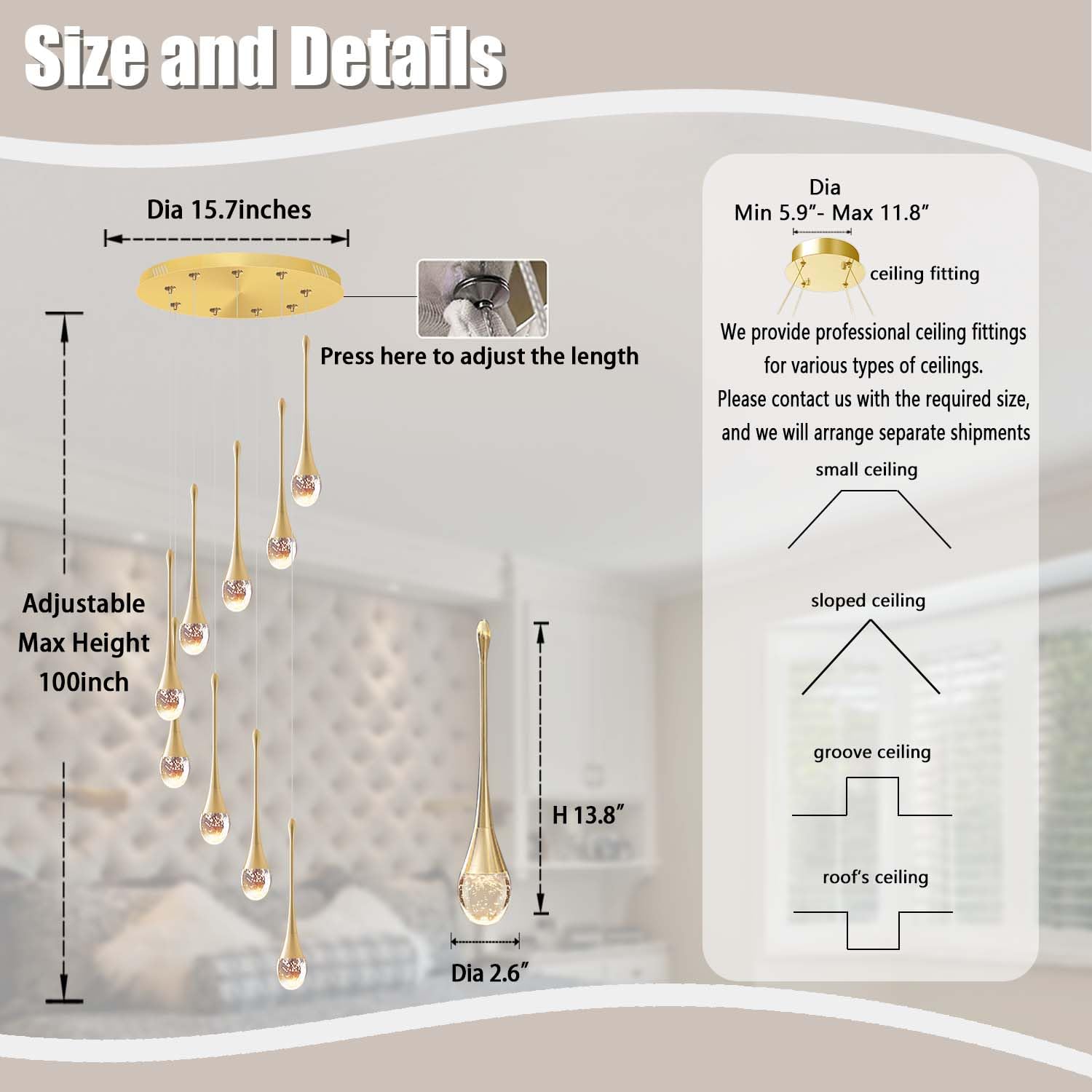 Ykolupty H100'' Modern Chandelier 9-Lights Gold Foyer Entrance Chandeliers High Ceiling Chandelier Led Dimmable 2700-6000K Fixtures