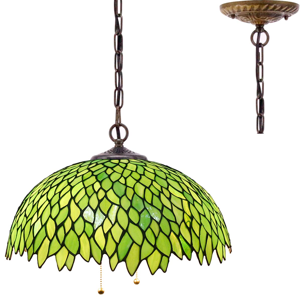 Werfactory Tiffany Pendant Light Fixture, 16 Wide, 40 Height, Green Wisteria Stained Glass, Large Hanging Lamp, S523 Series