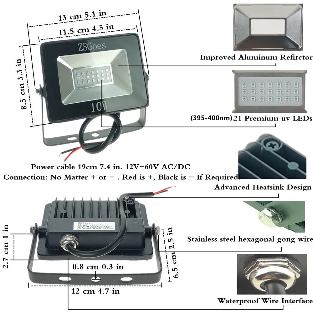 Zsgoes 2 Pack 10W Uv Ultraviolet Black Light 12V 24V Low Voltage For Halloween Blacklight Party  Stage Lighting  Fluorescent Body discomfort-reducingt  Glow In The Dark  Fishing  Uv Glue Curing  Screen Printing