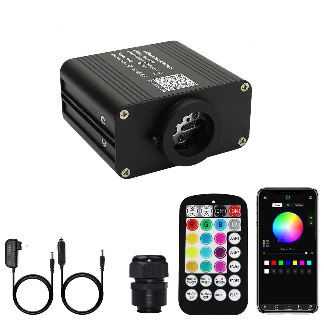 AMKI RGBW Light Source Engine Driver for Fiber Optic Star Ceiling Light Kit, 16W Twinkle, Remote/APP Control, Multicolor, Aluminum