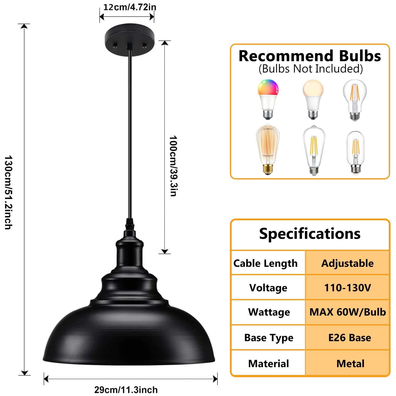 Asnxcju Matte Black Pendant Light, Industrial Farmhouse Ceiling Lamp, 2-Pack, Metal