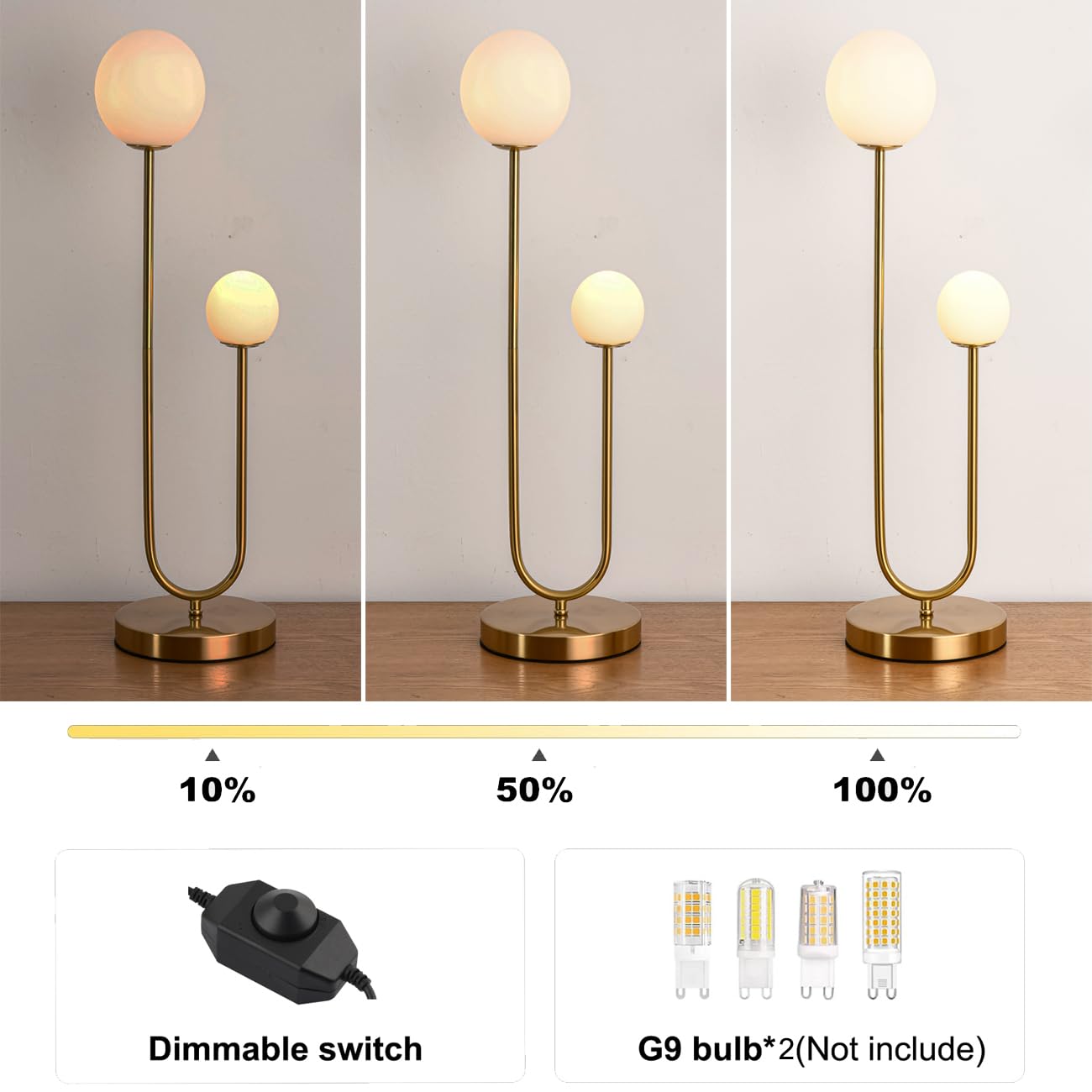 AMARTIZ Mid Century Gold Globe Table Lamp, 2-Light U-Shape Design, Milk White Glass Shade, Model T3000, Ideal for Bedroom Nightstand