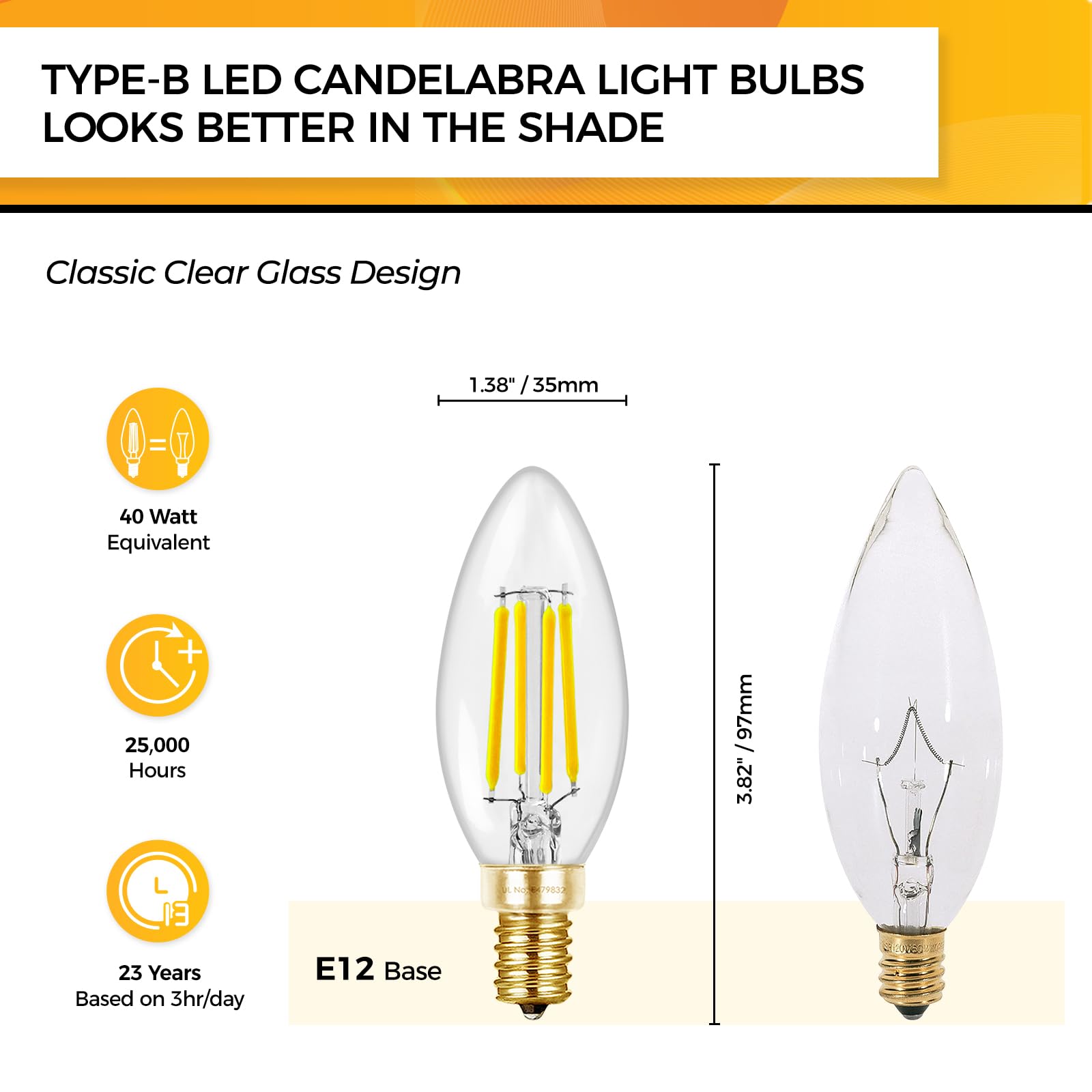 Hizashi Chandelier Light Bulbs 5000K Daylight, E12 Candelabra Light Bulbs 60 Watt Dimmable, B11 Type B Led Candelabra Bulbs, 90+