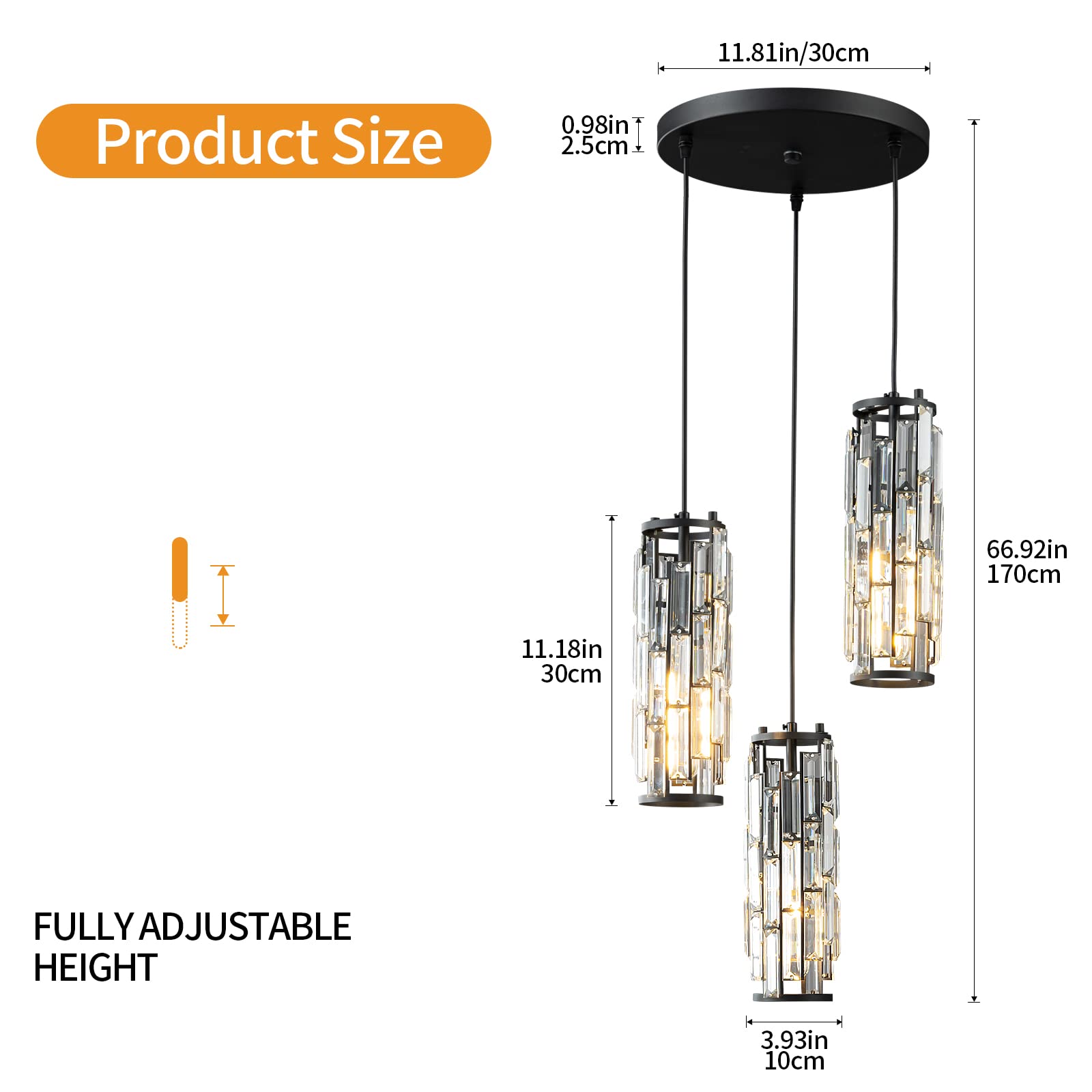 Lmqnine 3-Light Black Pendant Light Fixture, Modern Mini Crystal Chandelier For Kitchen & Dining
