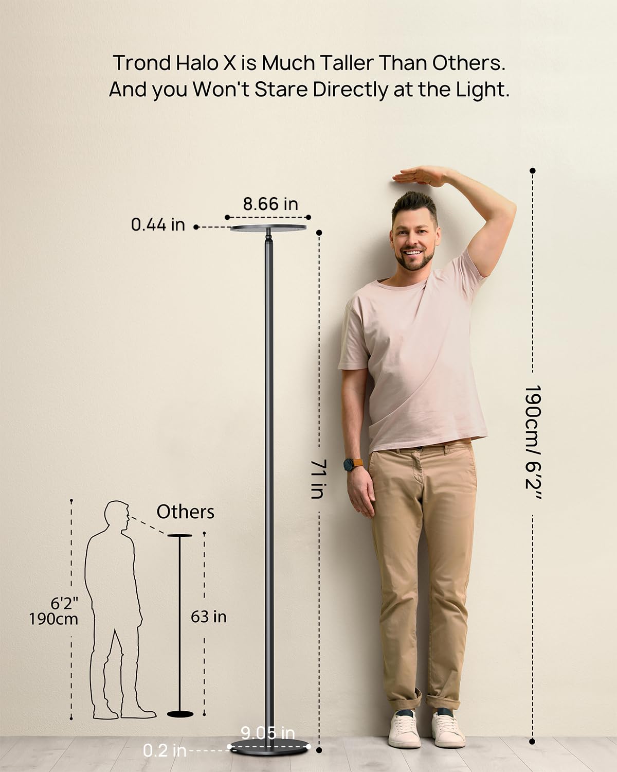 TROND Floor Lamp - 5000LM Modern Torchiere, 71" Tall, 3000K Warm White, Dimmable, Aluminum, Black