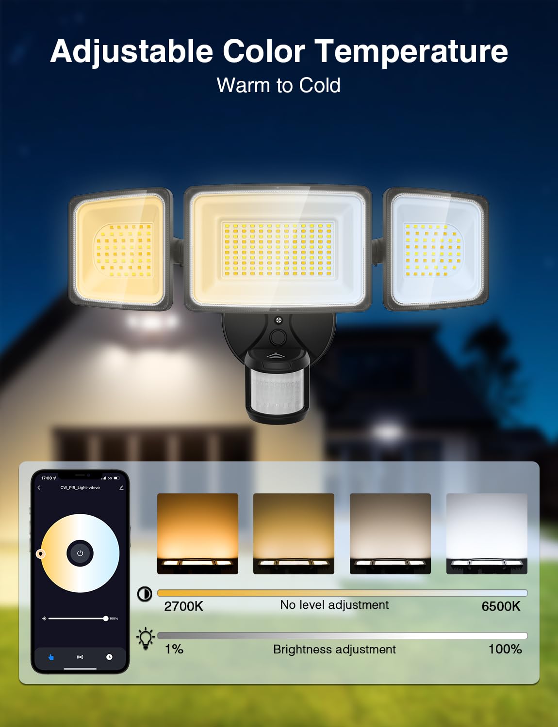 Onforu 100W Smart LED Security Light - Motion Sensor, 9000LM, WiFi, 3 Adjustable Heads, IP65, Black, Model BDB100WF-3