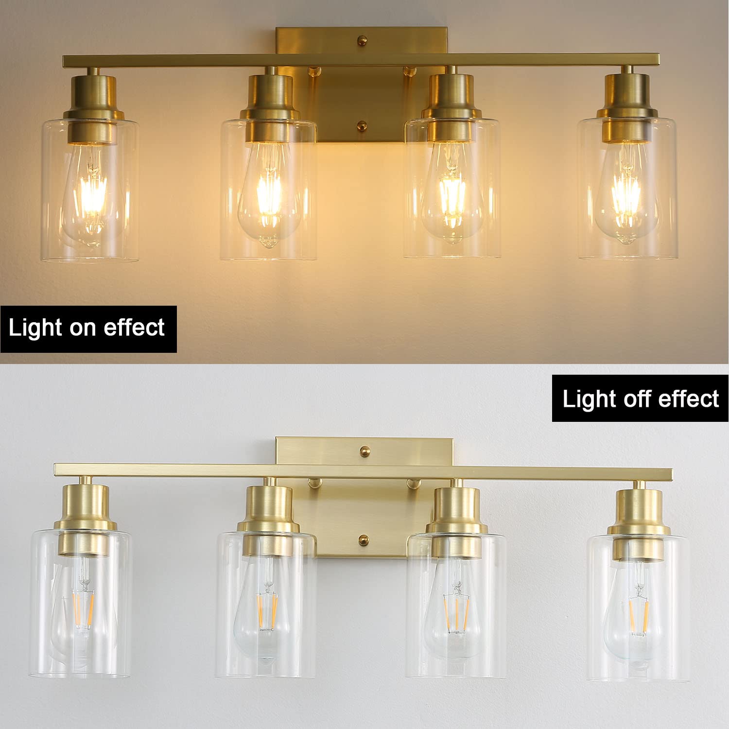 Filimitiy 4-Lights Gold Bathroom Light Fixture, Brushed Brass Vanity Light With Clear Glass Shade, Modern Bath Wall Lights For L