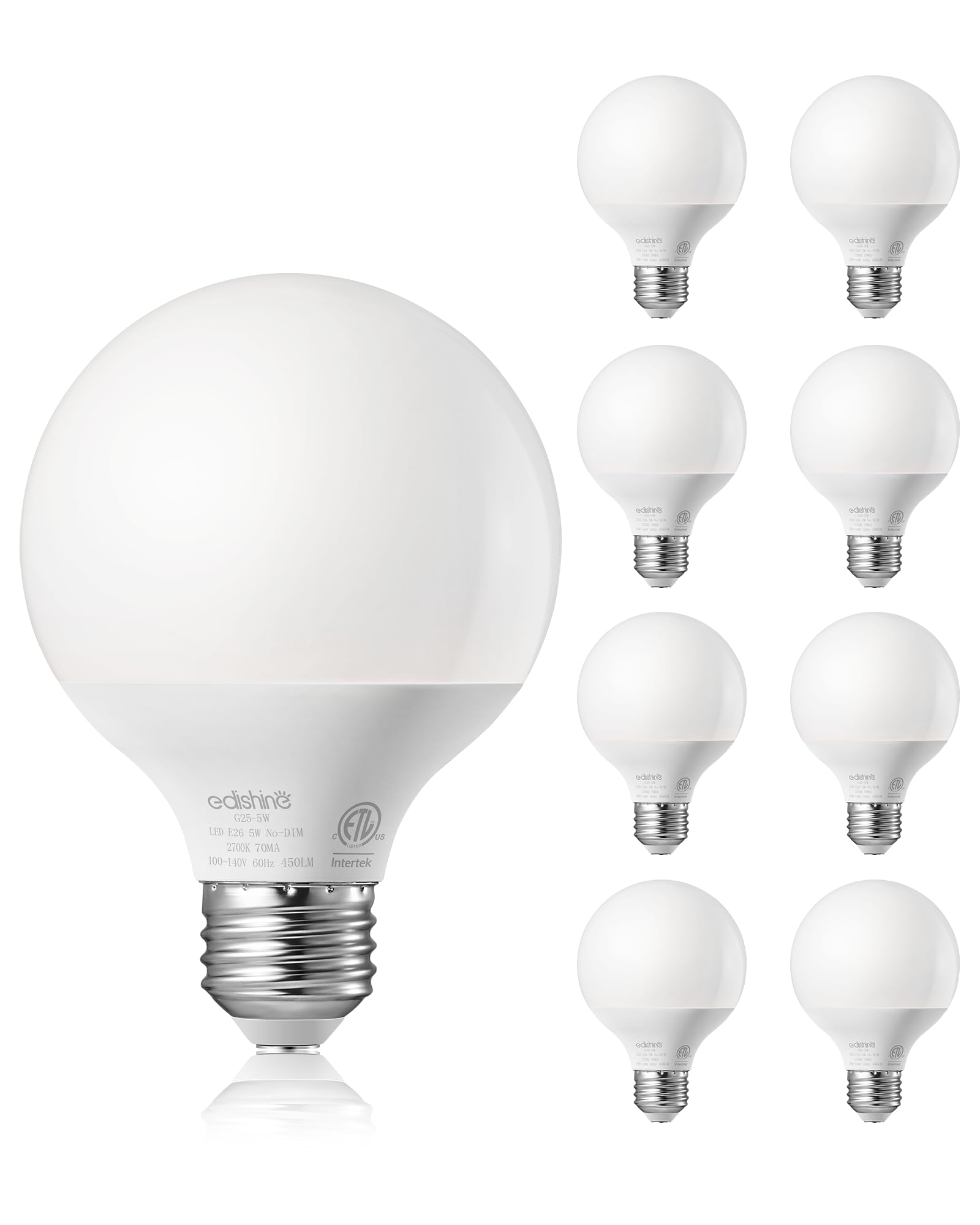 Edishine Vanity Light Bulbs, G25 Led Bathroom Light Bulbs, Globe 25 Watt Equivalent Light Bulb, Cri90+ 2700K Warm White 450Lm, E