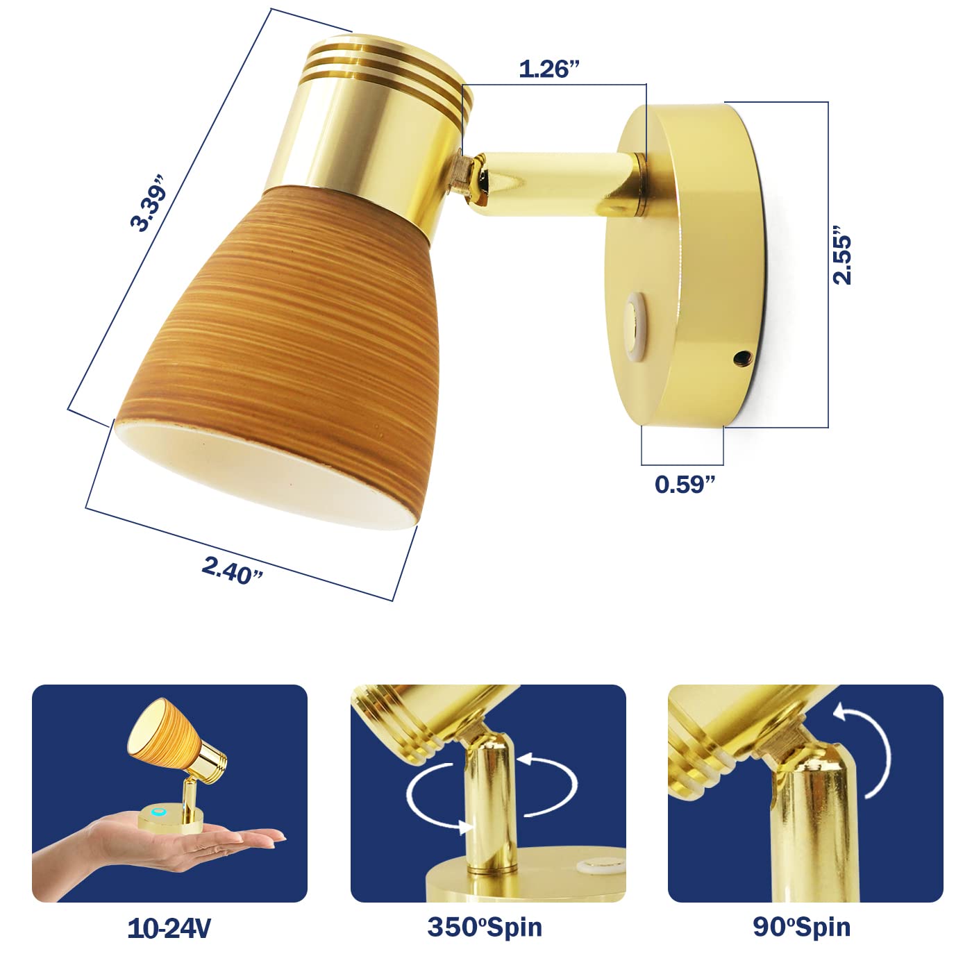 Genuine Marine 12V Gold Finish Boat Reading Light - Adjustable Warm White, Touch Switch, Surface-Mounted for RV & Caravan, 2.55 Base