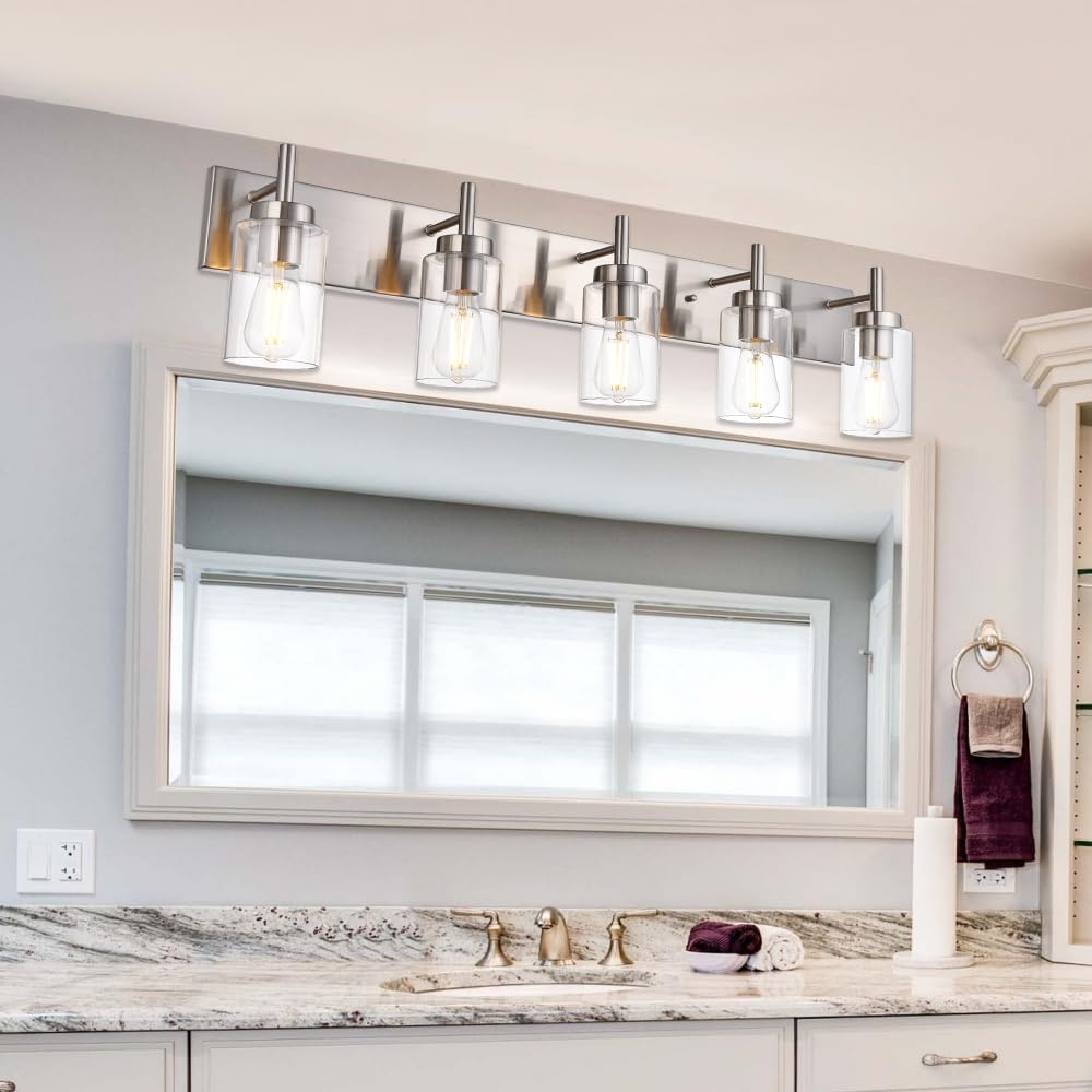 Vinluz 5 Lights Bathroom Vanity Light Fixture Brushed Nickel Sconces Wall Lighting Modern Industrial Indoor Wall Mounted Lamp Fo