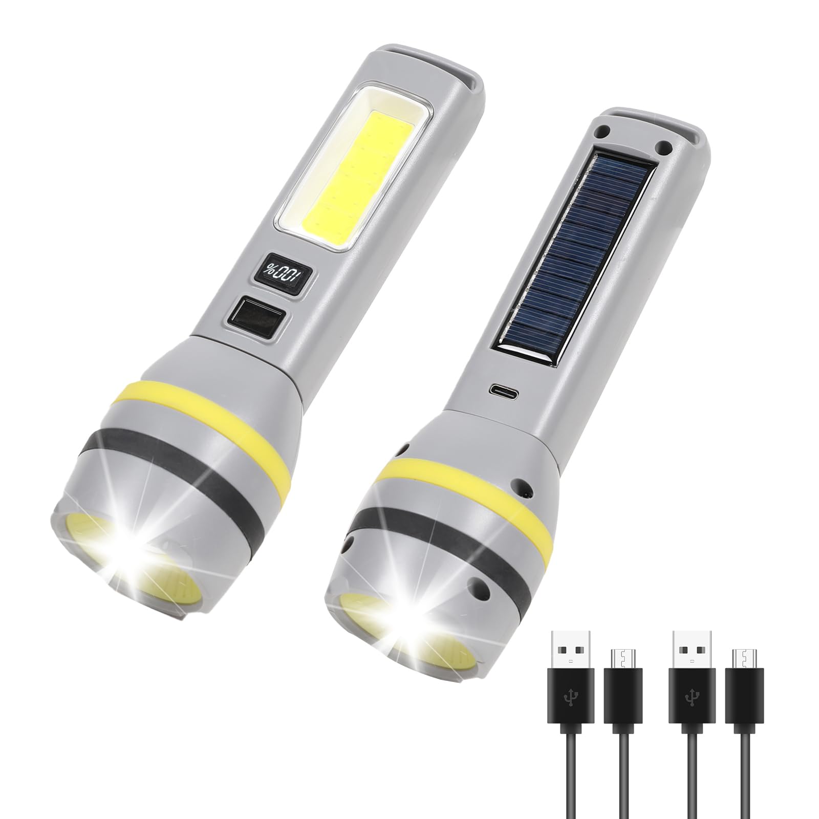 2 Pack Solar Flashlight, Rechargeable LED Flashlight, 500 Lumens Led Solar Powered Flashlights with Digital Display 1200mAh Batt