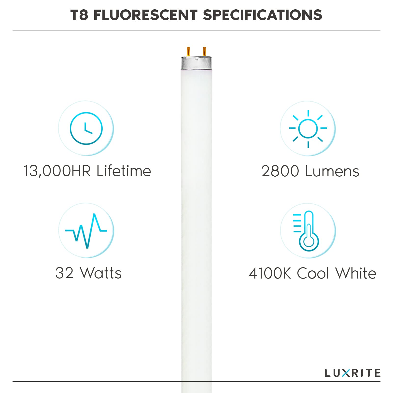 LUXRITE F32T8/841 Fluorescent Tube Light Bulb 32W 4100K Cool White 2800 Lumens G13 Base LR20732 6 Count