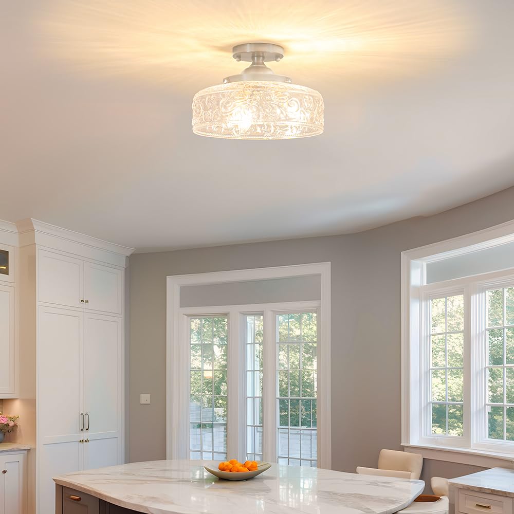 Brushed Nickel Semi Flush Mount Ceiling Light  3-Light Close To Ceiling Light  Flush Mount Ceiling Lighting With Globe Glass  Farmhouse Closet Fixtures For Hallway Bedroom Entryway Kitchen Porch E12