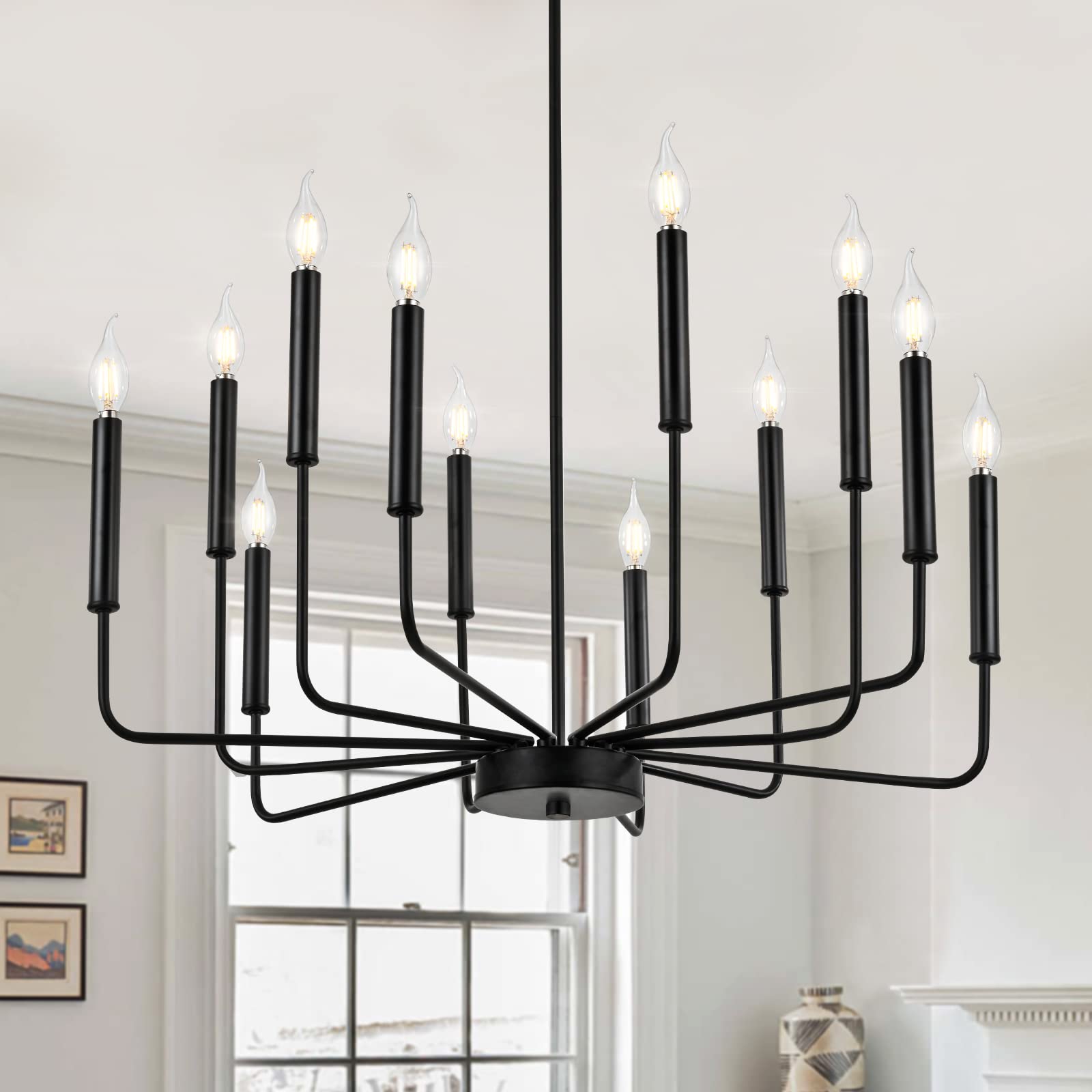 Woknos Modern Black Farmhouse Chandeliers, 12-Light Industrial Metal Chandelier Lighting, Classic Candle Hanging Pendant Light F