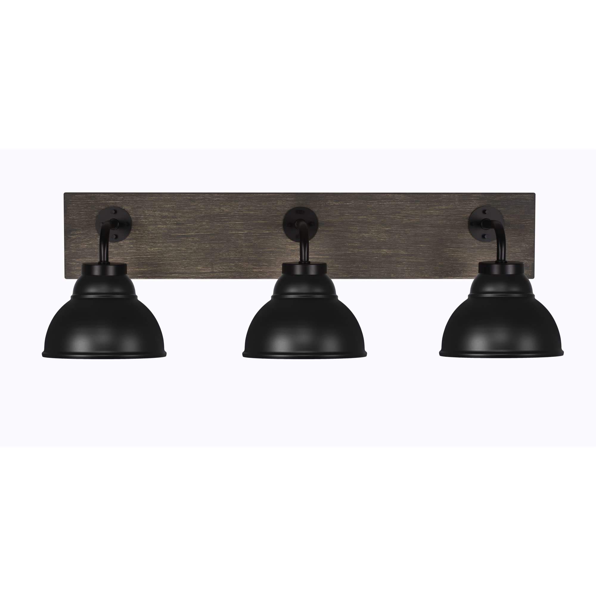 Oxbridge 3 Light Bath Bar In Matte Black & Painted Distressed Wood-Look Metal Finish With 7" Matte Black Double Bubble Metal Shades