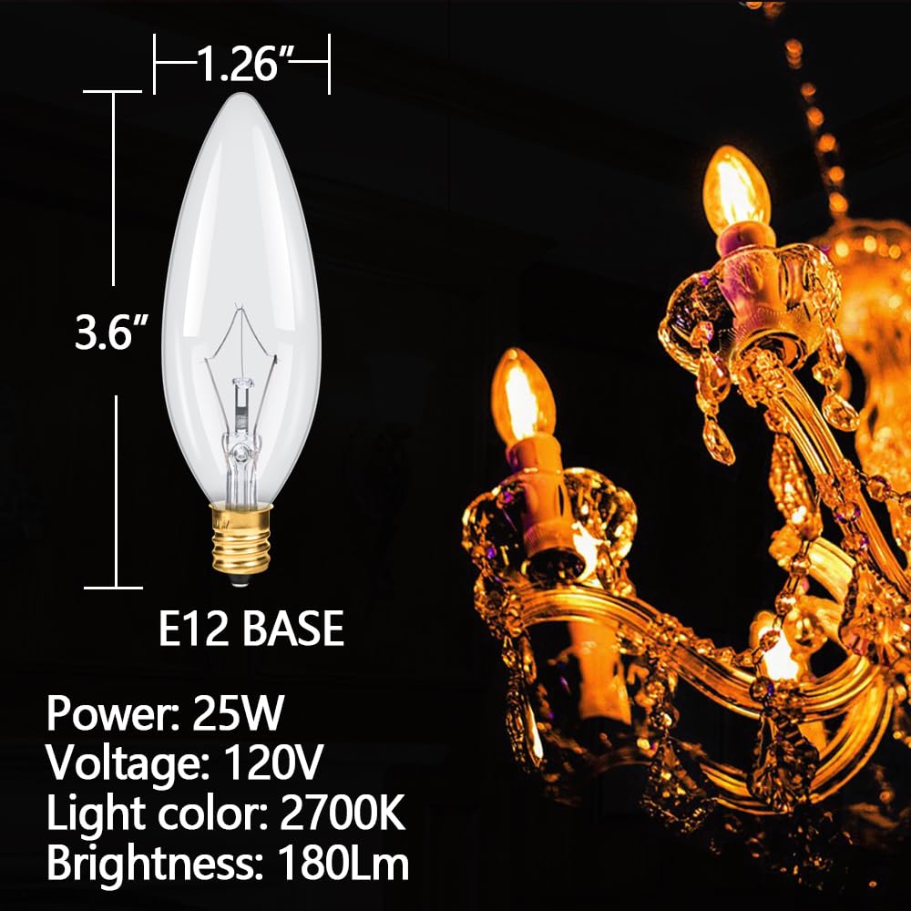 NETEHA 12 Pack Candelabra Torpedo 25W E12 Vintage Light Bulbs, 2700K Warm White Dimmable Glass for Chandeliers and Ceiling Fans