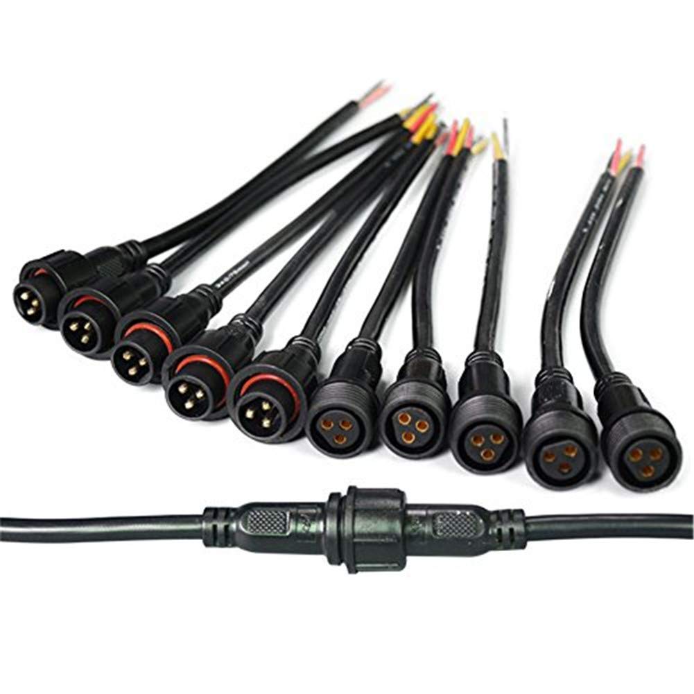 WESIRI 5Pairs 3pin Black Electrical Connector LED Connector for LED Lights 20cm Extension Cable 40cm/Pair 0.75mm 22mm Nut