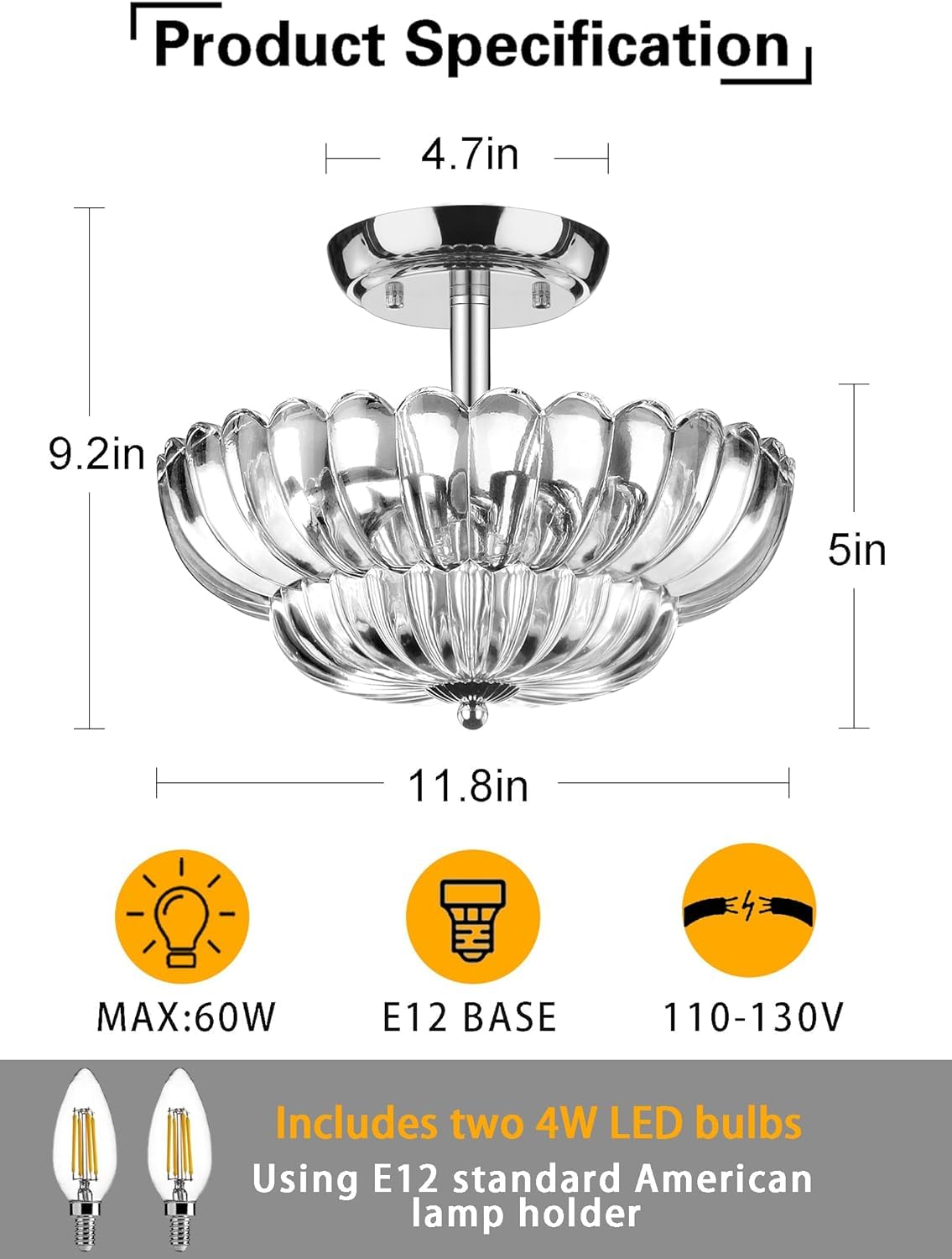 Mgcanyu Semi Flush Mount Glass Ceiling Light, 11.8In 2-Light Modern Chrome Light Fixture Ceiling Mount With Scalloped Clear Glas