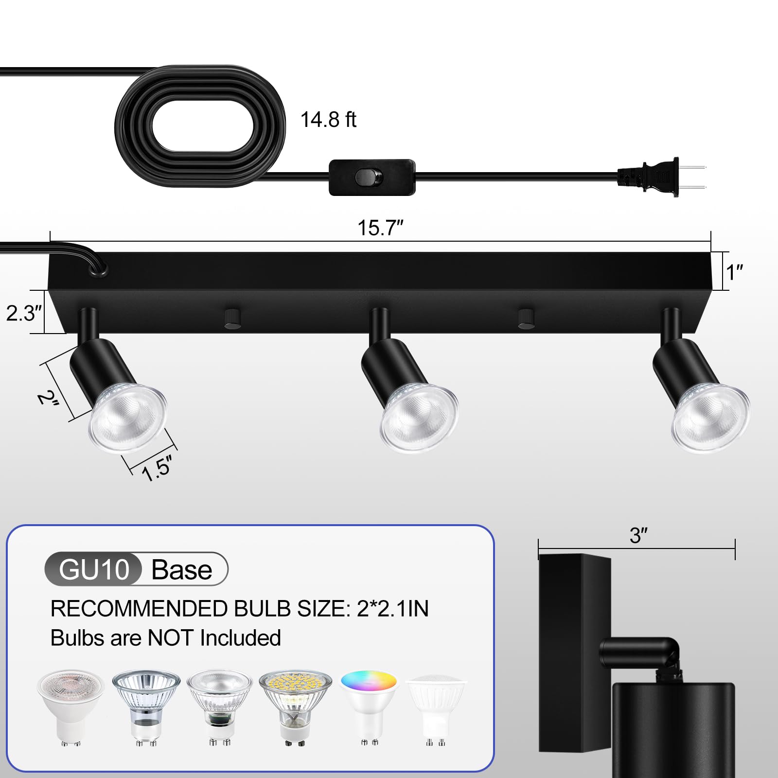 AUQUEE 16" Plug in Track Lighting Fixture, Black GU10 Wall Spotlight, Rotatable Head, 15ft Power Cord, Ideal for Kitchen & Living Room