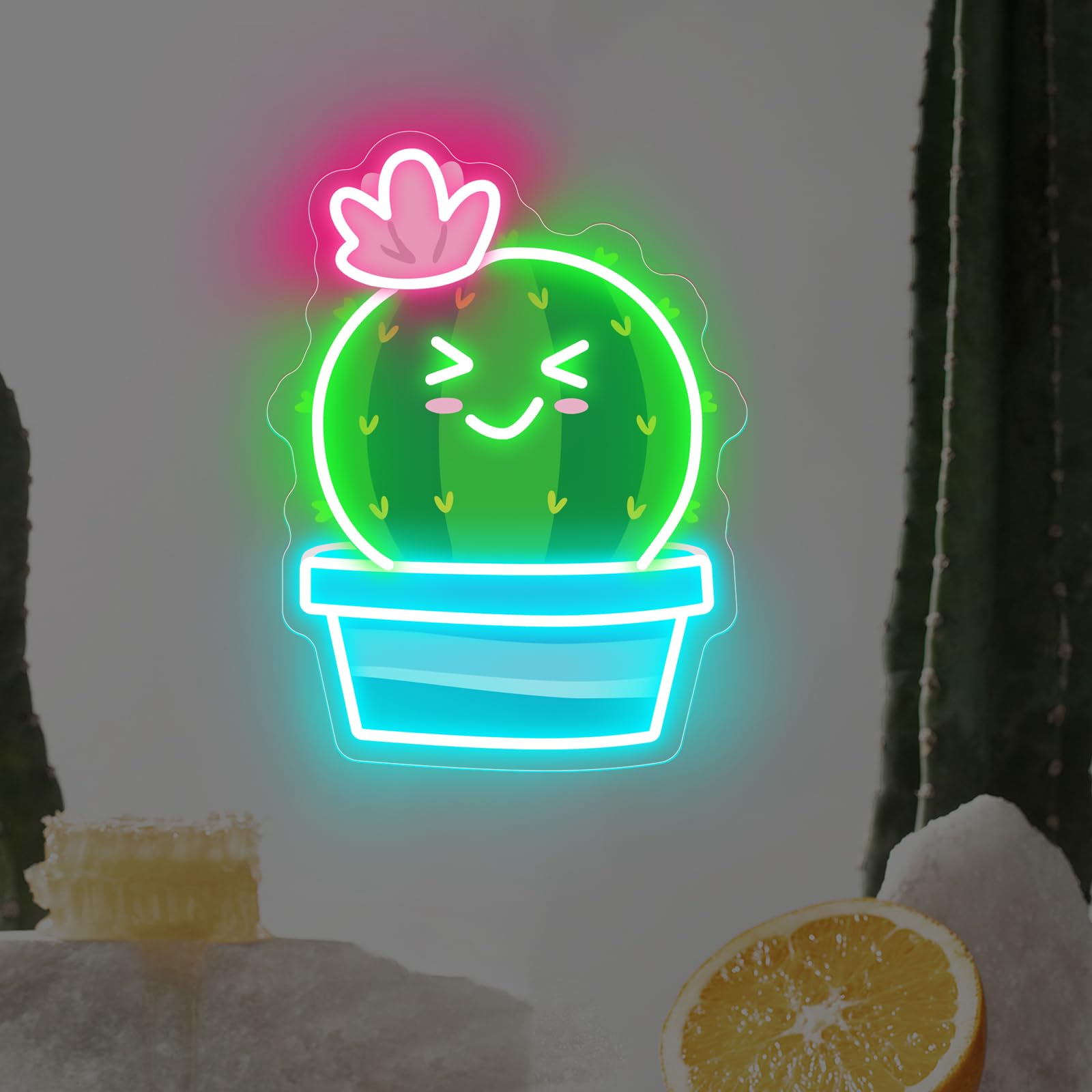 Lotus Cactus Uv Neon Sign Cactus With A Flower Led Light Sign Houseplant Decoration Aesthetic Decor For Flower Store  Parties  Coffee Shops  Salons  Shop Window Store Display malt-inspired Bar Opening Gift