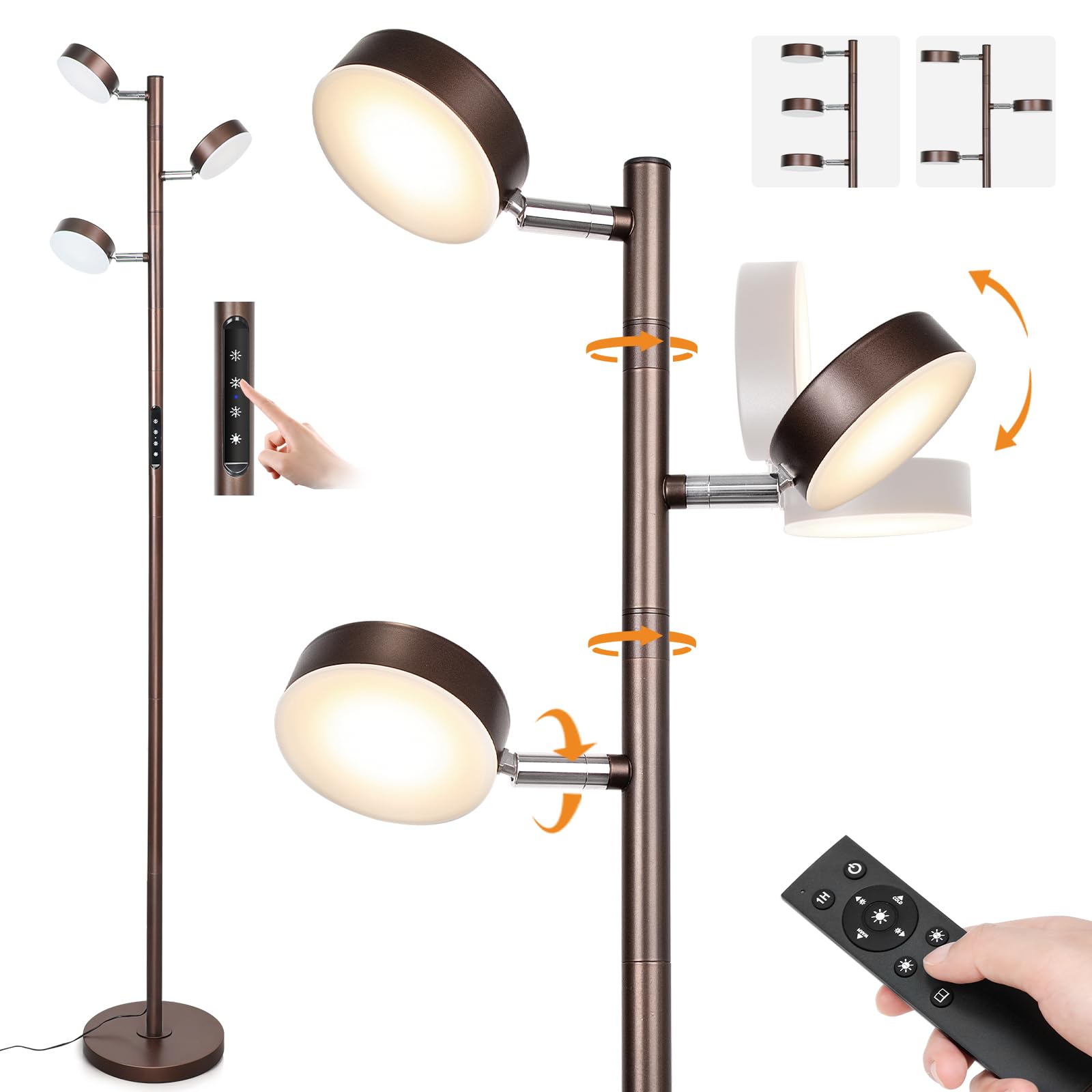 Junnai Dimmable Led Floor Lamp, Modern Tall Standing Lamp With Remote & Touch Control, 4 Color Temperatures, 3 Rotatable Light Tree Floor Lamps For Living Room Bedroom Office Reading, Brown