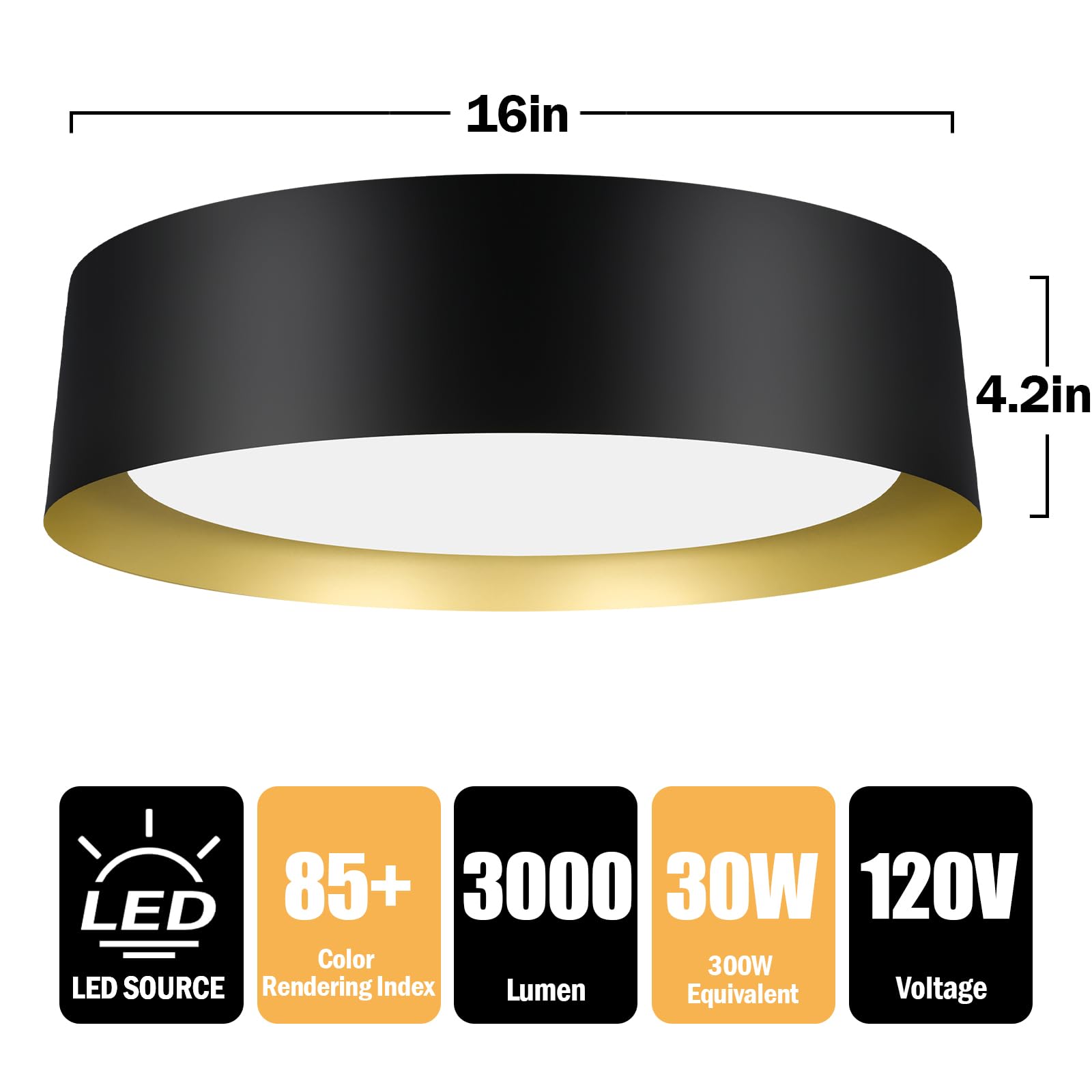 16In Flush Mount Led Ceiling Light, 30W(300W Equiv) 3000Lm, 3 Colors 3000K 4000K 5000K, Dimmable Black And Gold Modern Flush Mou