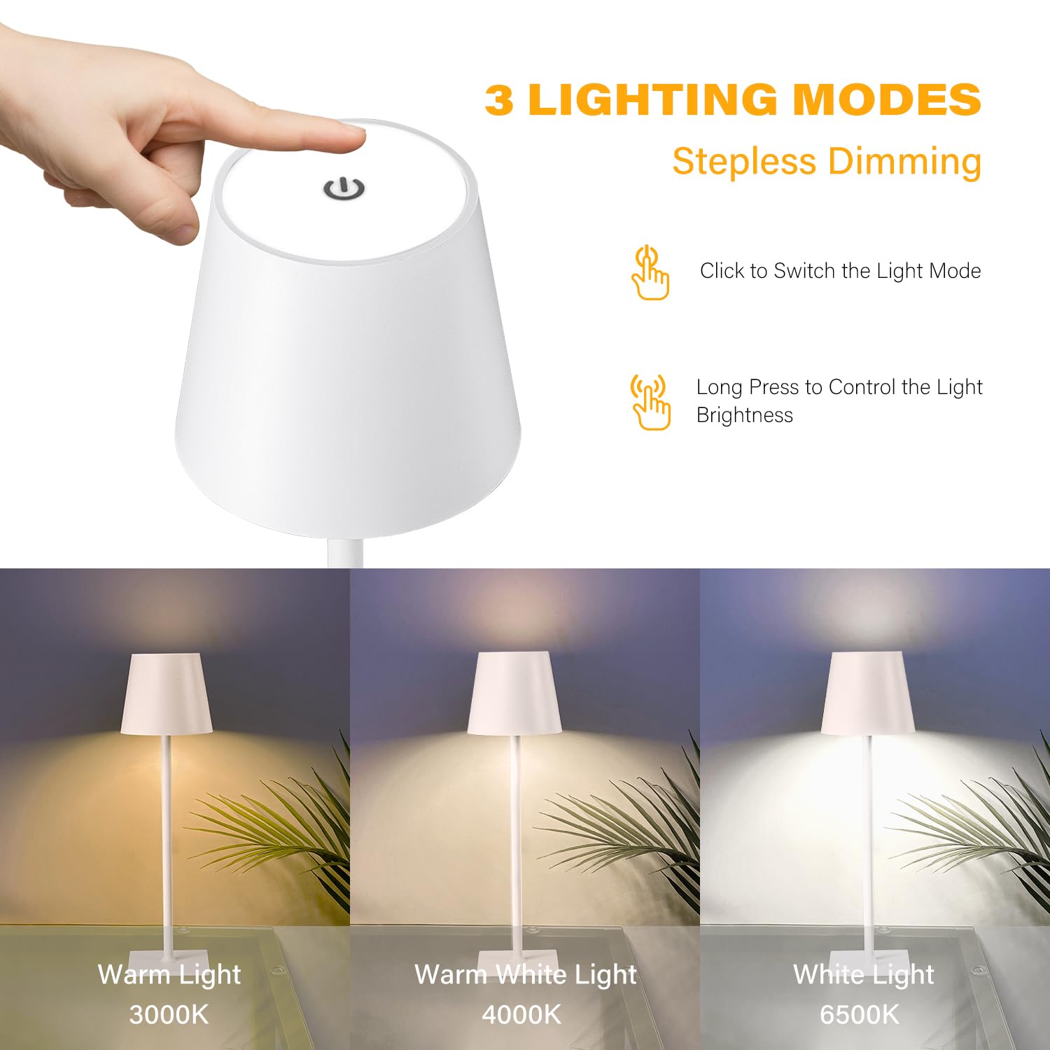 CHLORANTHUS Cordless Table Lamps, 2 Pack, Stepless Dimming, 5000mAh Rechargeable, White - Model: table-lamp -15