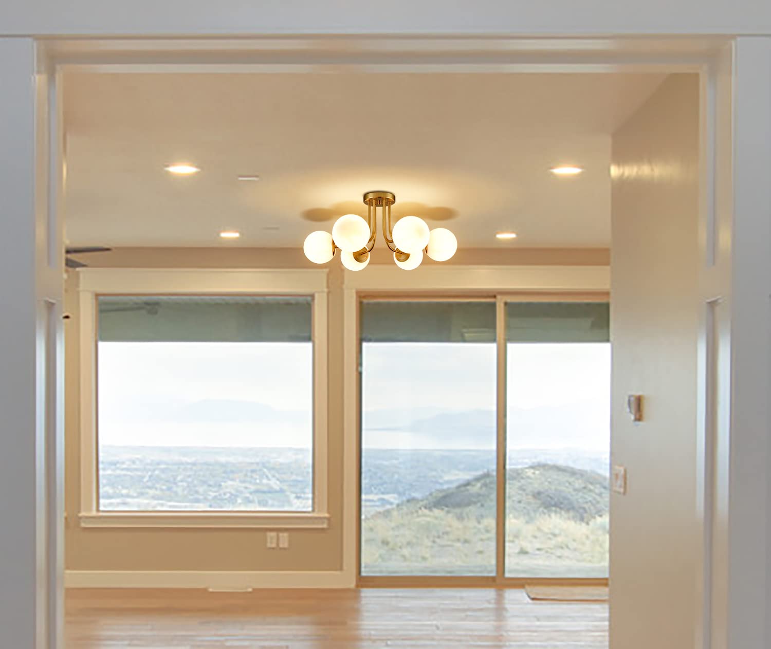 Shawnkey 6-Light Modern Brass Gold Semi Flush Mount Ceiling Light With White Glass Shade