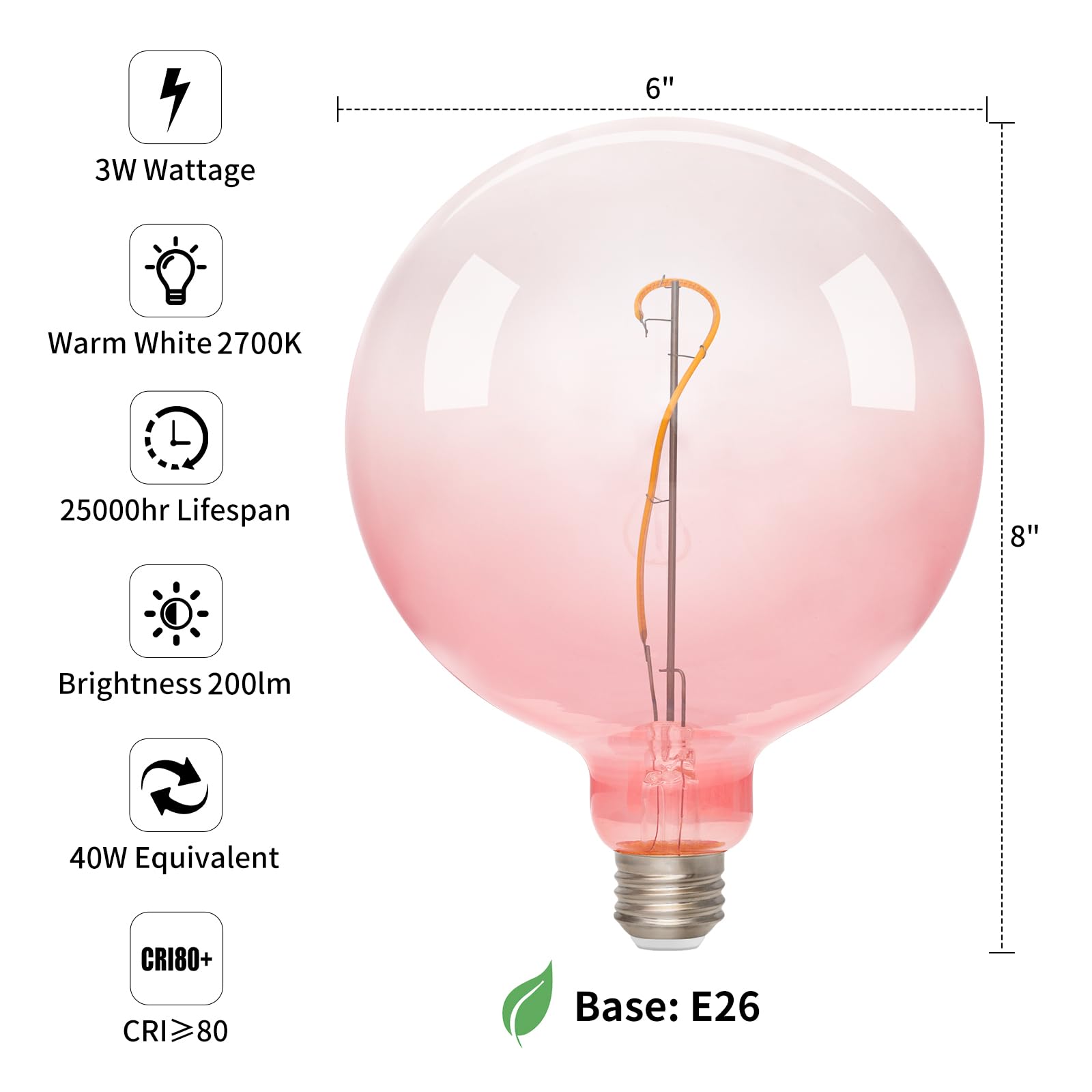 ONEWISH G150 Pink Globe LED Bulb, 3W Warm White 2700K, 6" Oversized Glass Edison Bulb for Bedroom & Living Room, E26 Base,