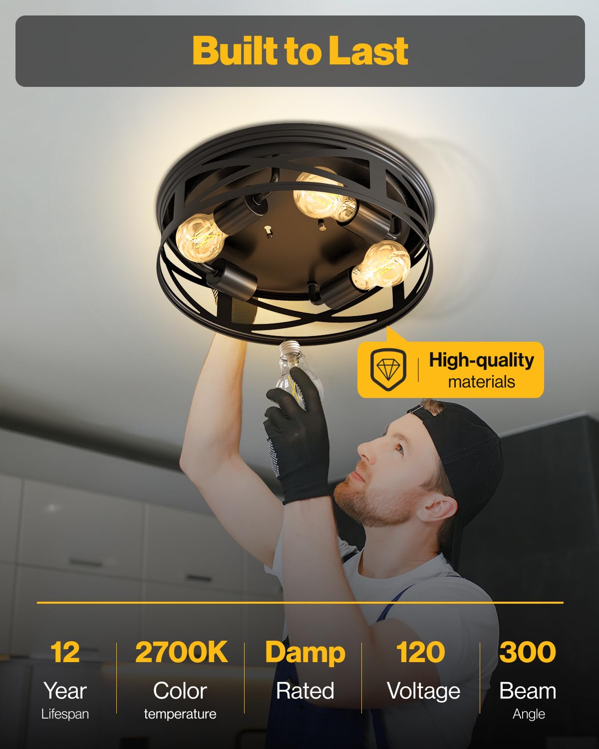 Sunco Farmhouse 4-Light Flush Mount Ceiling Light Fixture, Hallway Matte Black Outdoor Industrial Lights, E26 Base, A19 Edison L