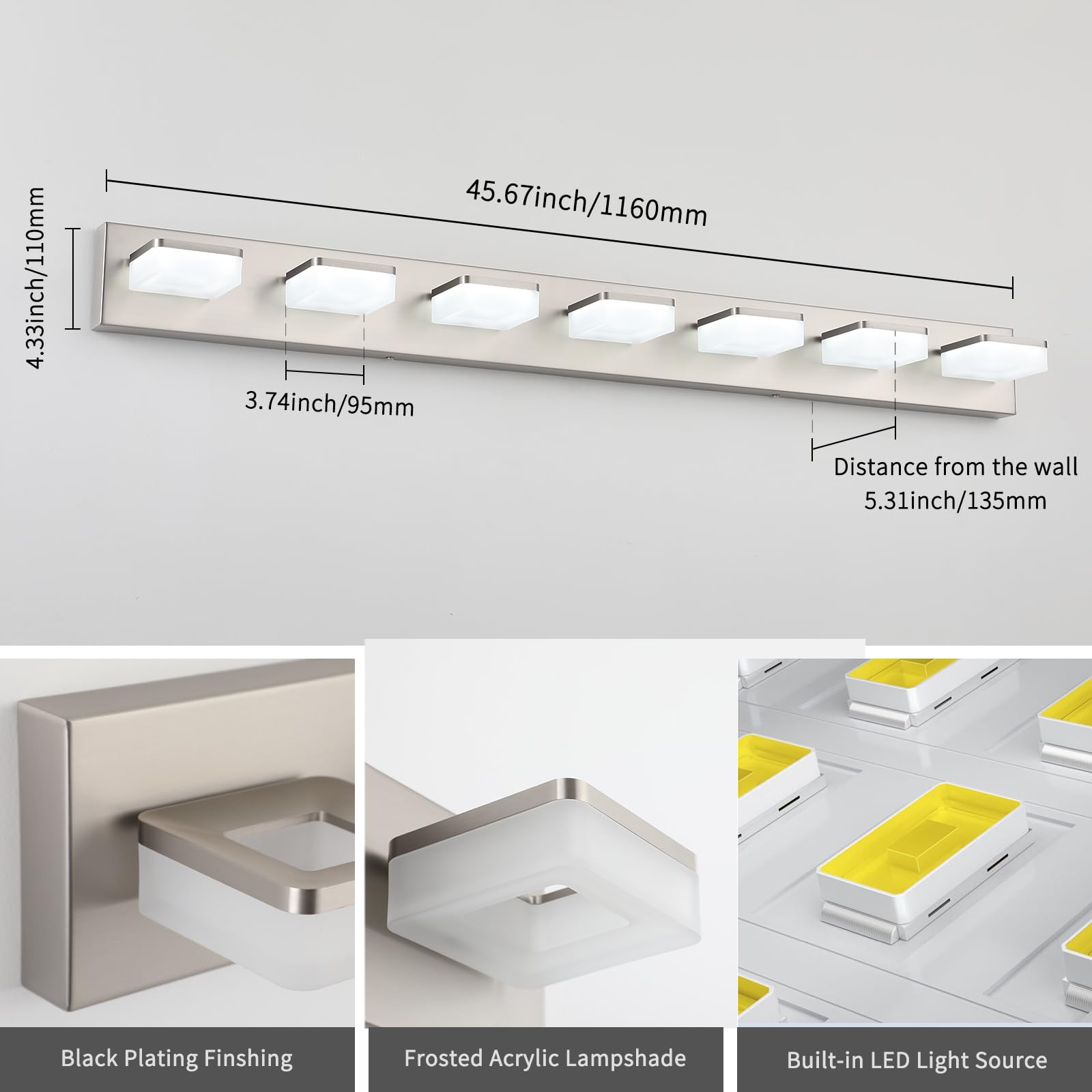 Bicrink 7-Light Bathroom Vanity Light Fixture Over Mirror  Nickel Led Vanity Lighting Fixtures  45.67 Inch Modern Bathroom Wall Light Fixtures With Rotating Lamp Head