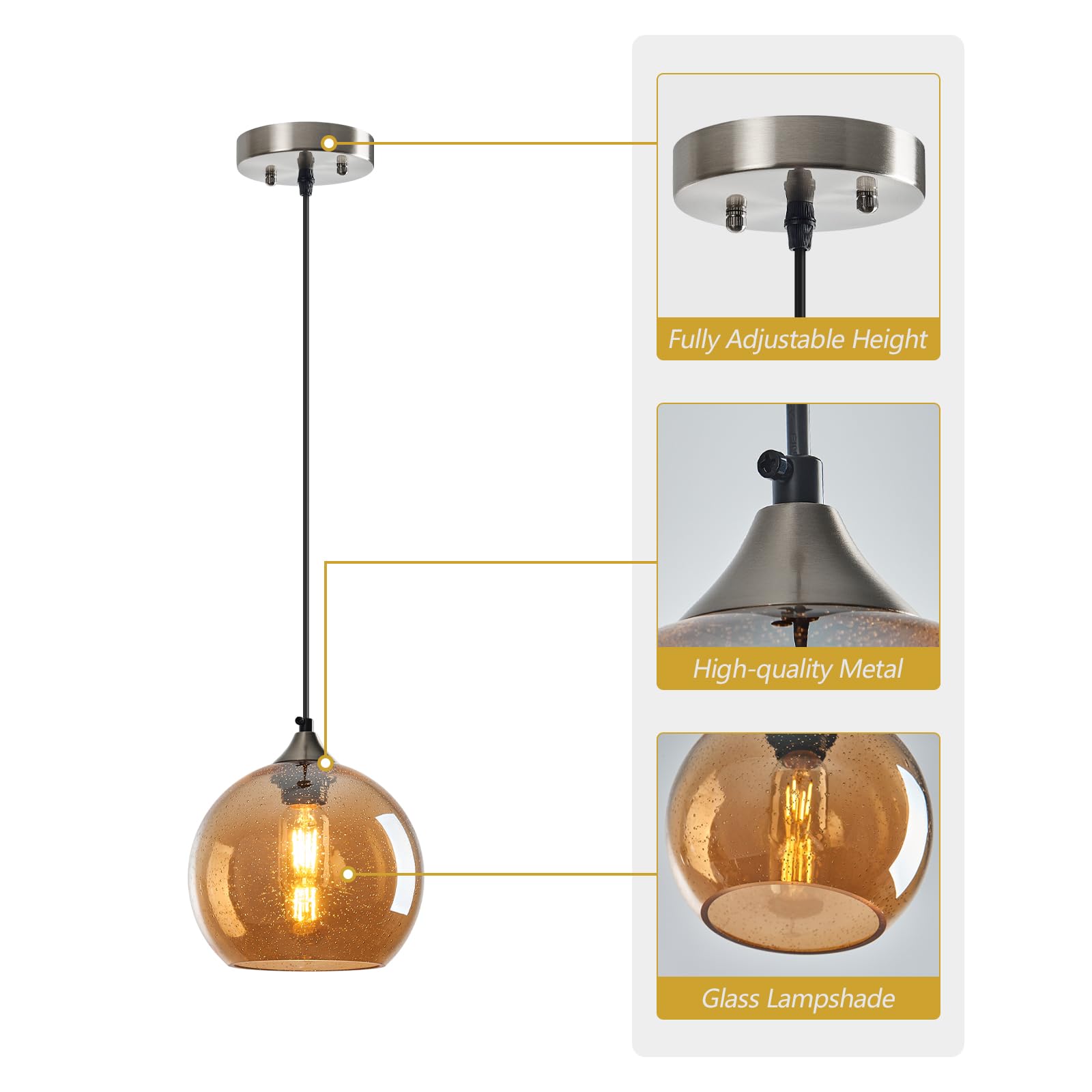 Lbsqj Amber Glass Pendant Lights Kitchen Island Lighting Globe Pendant Light Fixtures Modern Pendant Lighting For Bedroom Living Dining Room Light Fixture (7.87 In  1 Pack)