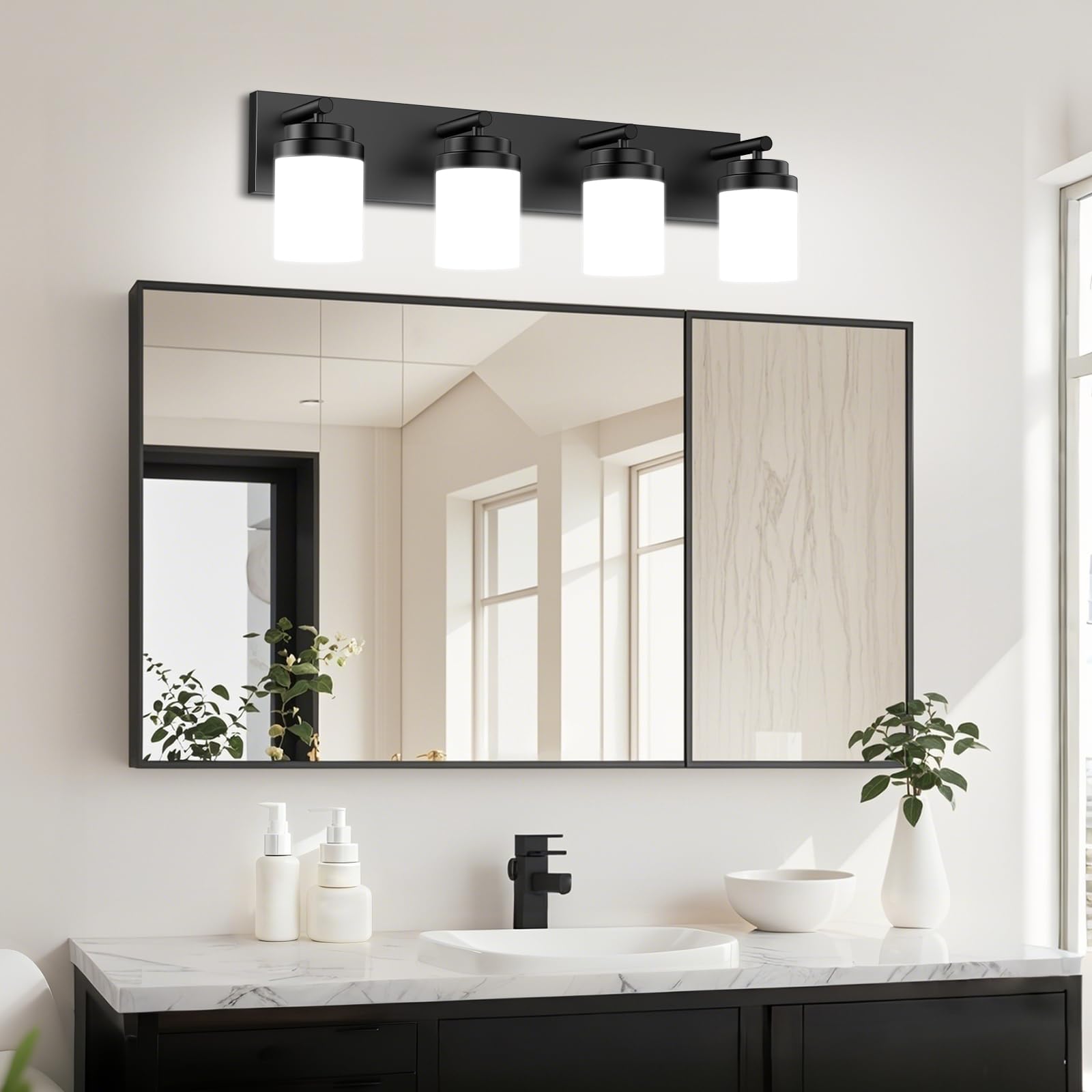LKHF 4-Light Modern LED Bathroom Vanity Light, Matte Black with White Glass Shade, 27 inch, Model HT601-4T-BK